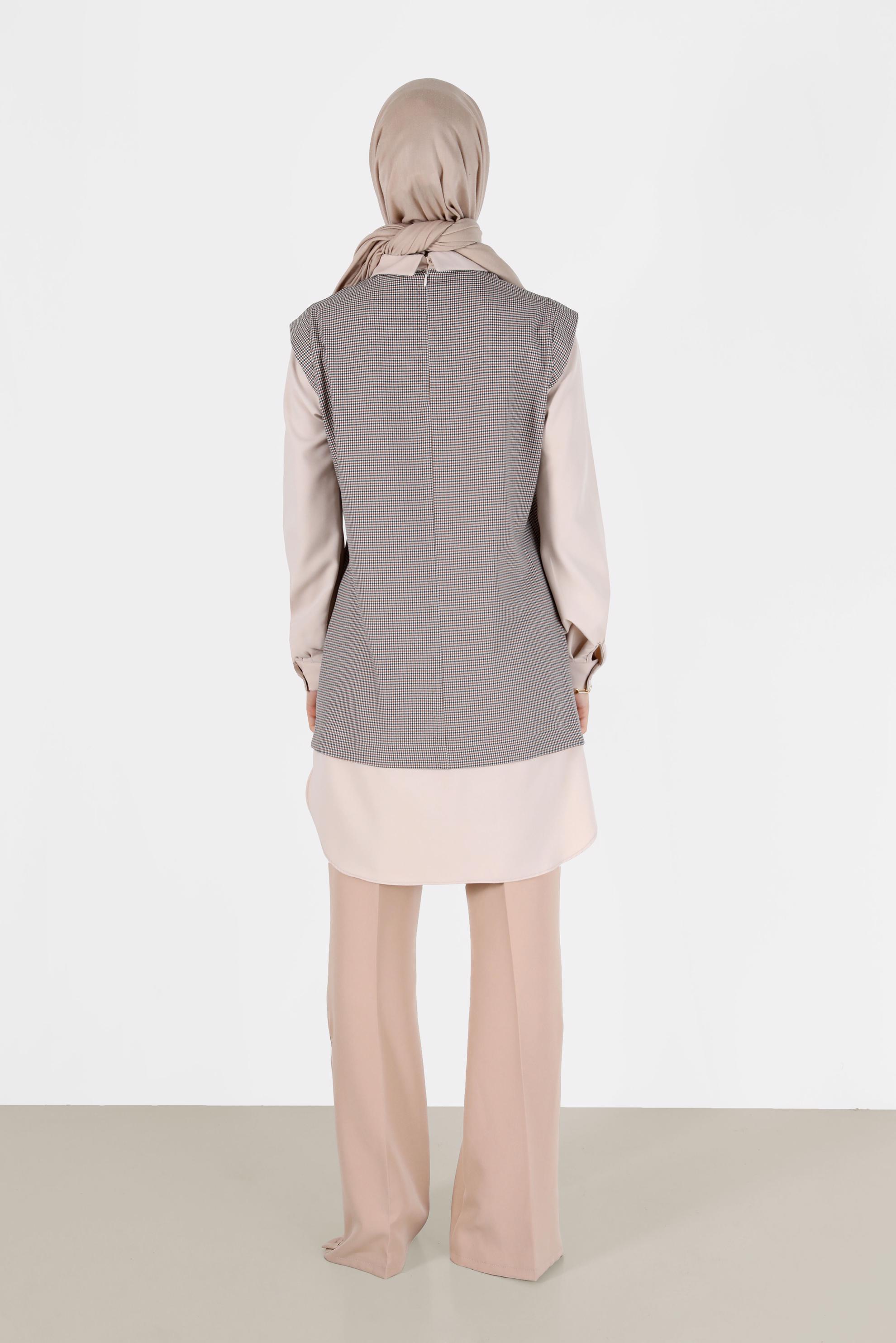 Tesettür giyim TURUNCU İKİ PARÇA GÖRÜNÜMLÜ EKOSE TUNİK 42374 