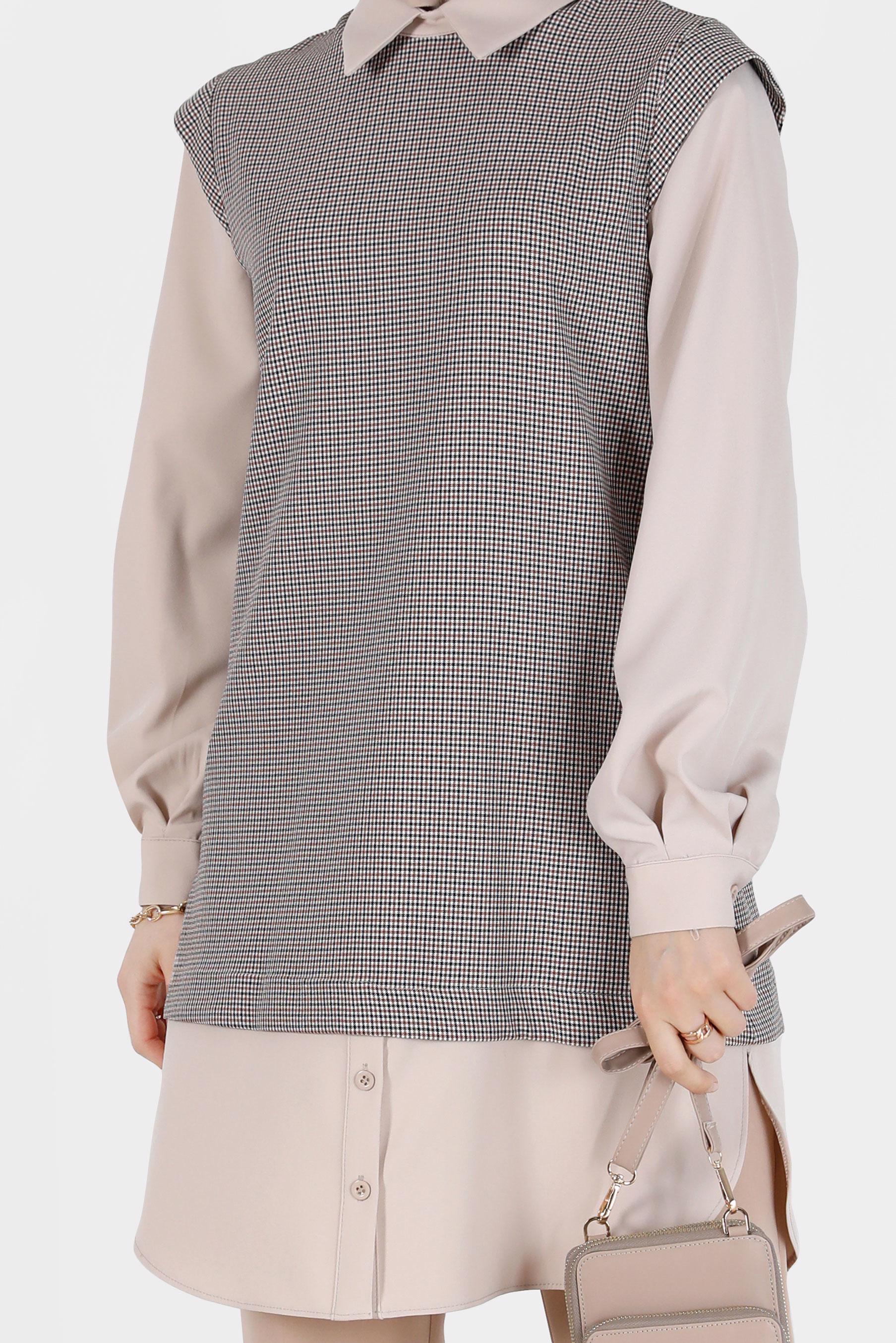 Tesettür giyim TURUNCU İKİ PARÇA GÖRÜNÜMLÜ EKOSE TUNİK 42374 