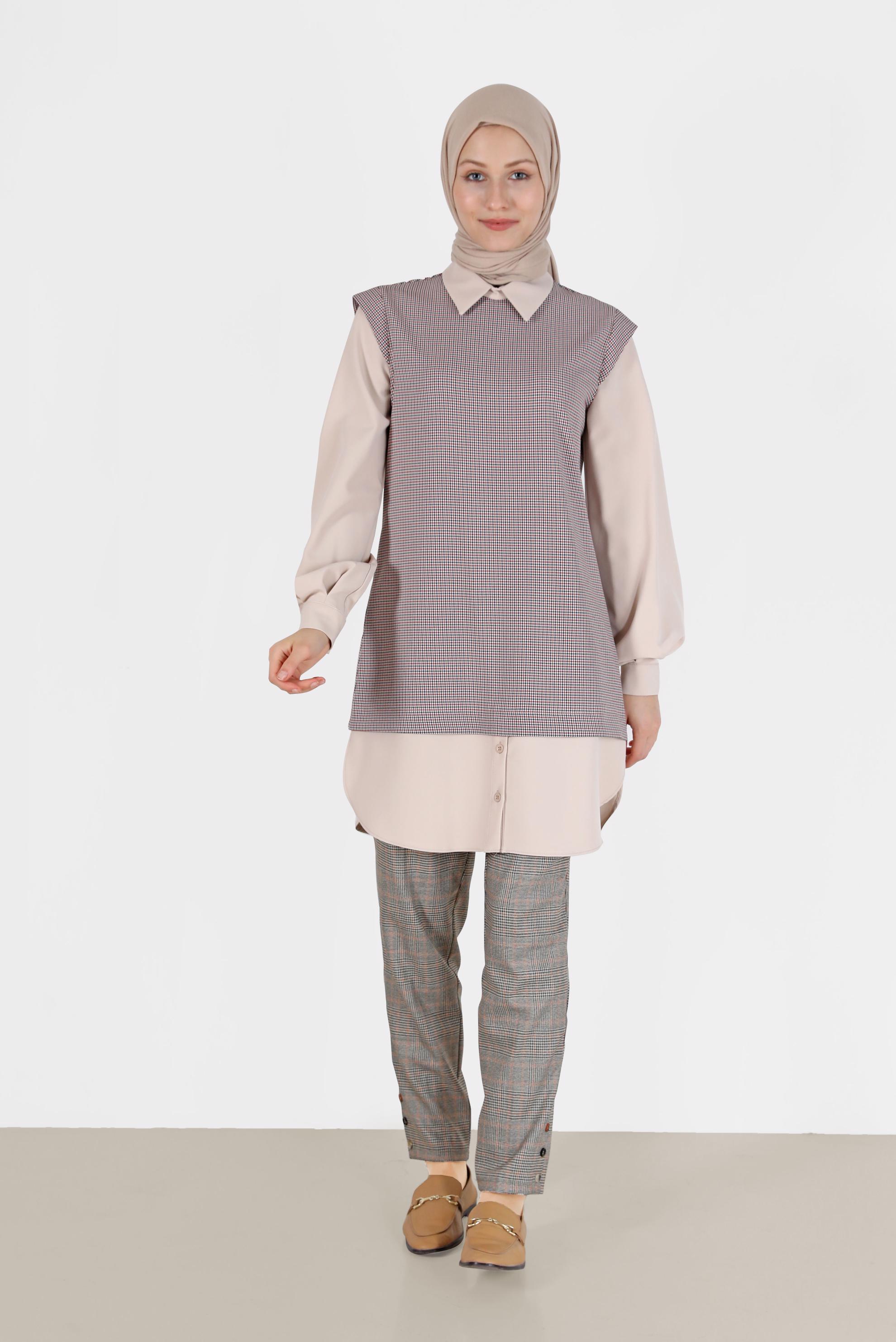 Tesettür giyim PEMBE İKİ PARÇA GÖRÜNÜMLÜ EKOSE TUNİK 42374 