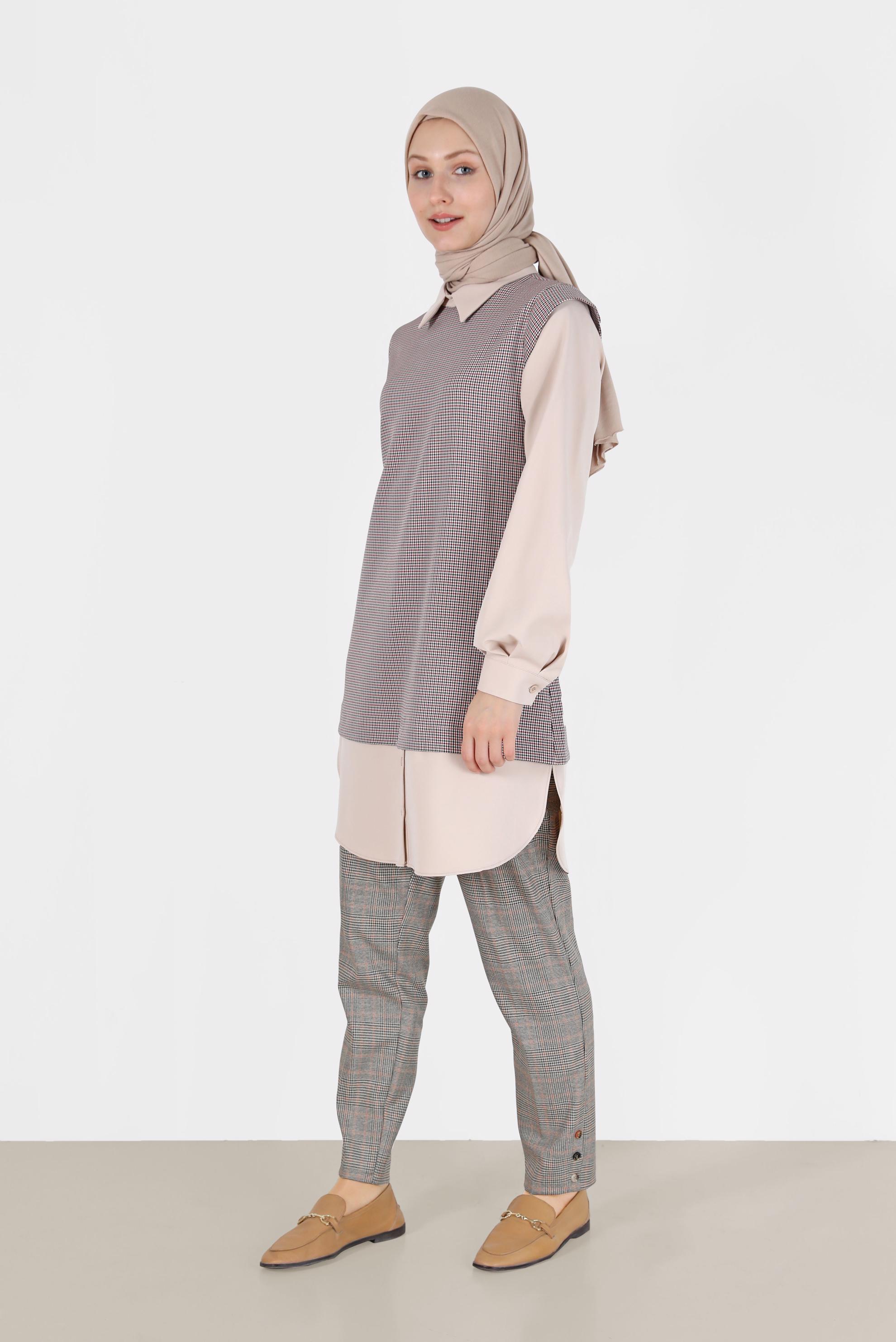 Tesettür giyim PEMBE İKİ PARÇA GÖRÜNÜMLÜ EKOSE TUNİK 42374 