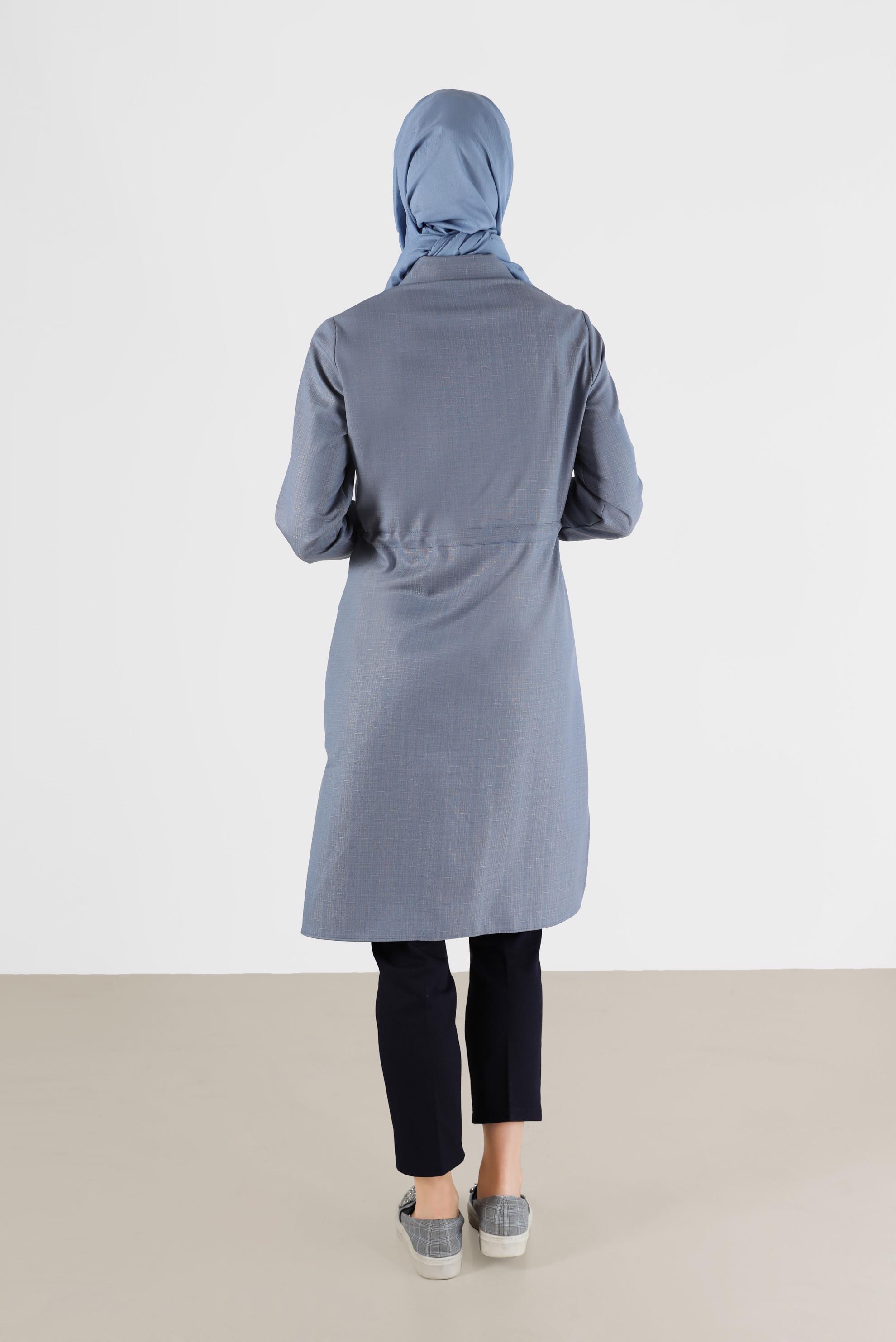 Tesettür giyim MAVİ NAKIŞ DETAYLI BELDEN BAĞLAMALI TUNİK 42375 