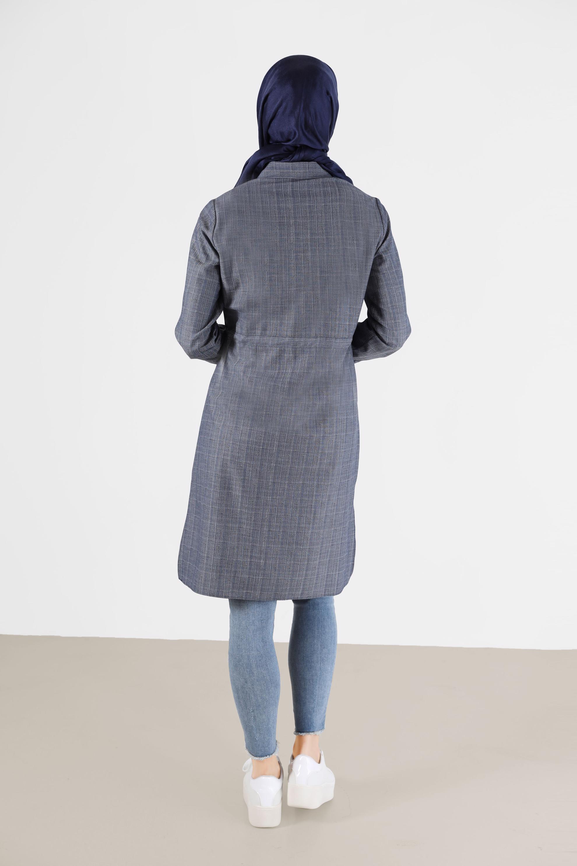 Tesettür giyim LACİVERT NAKIŞ DETAYLI BELDEN BAĞLAMALI TUNİK 42375 