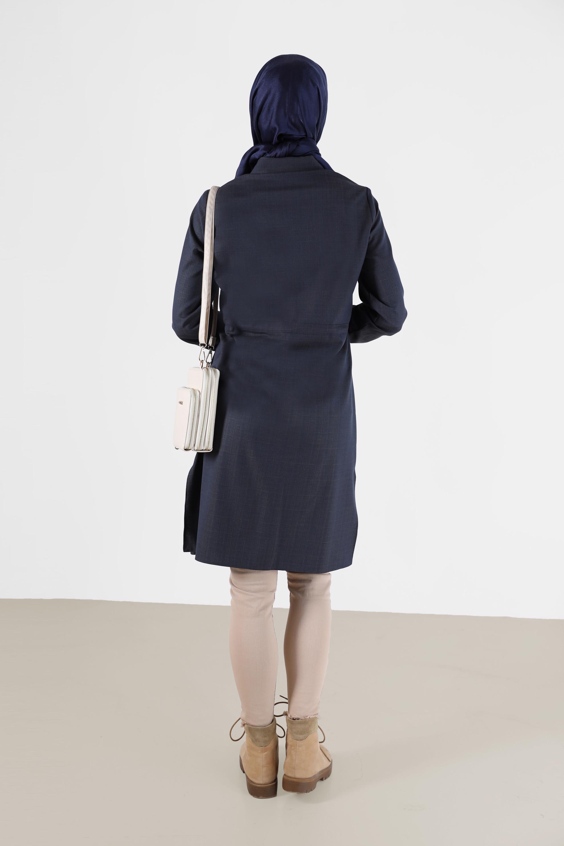 Tesettür giyim MAVİ NAKIŞ DETAYLI BELDEN BAĞLAMALI TUNİK 42375 