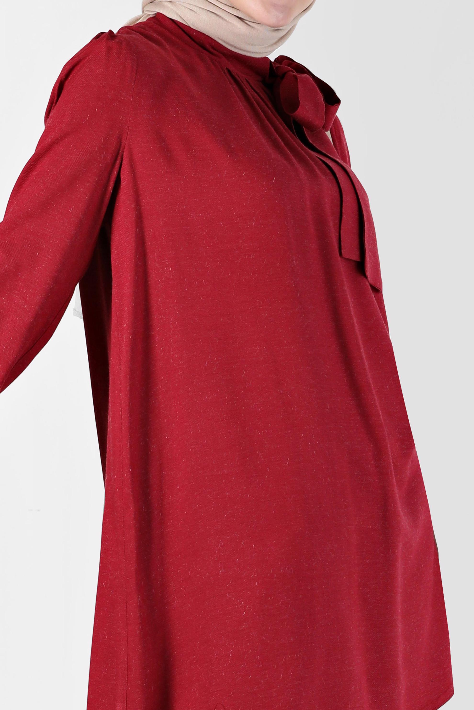 Tesettür giyim KIRMIZI MANŞETLERİ İŞLEMELİ VE PÜSKÜLLÜ FİYONK DETAYLI TUNİK 42376 