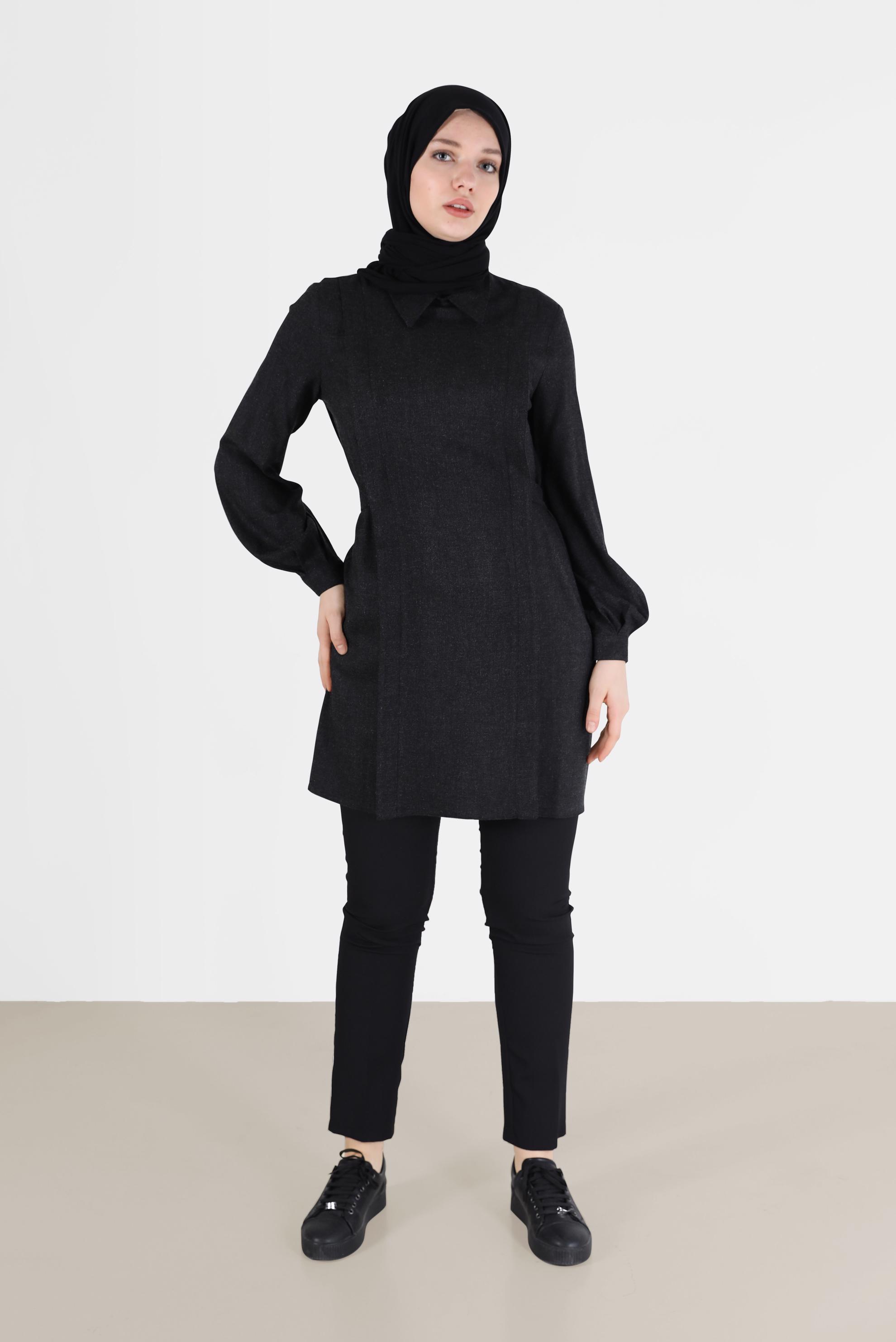 Tesettür giyim SİYAH BAĞLAMA DETAYLI KLASİK YAKA TUNİK 42377