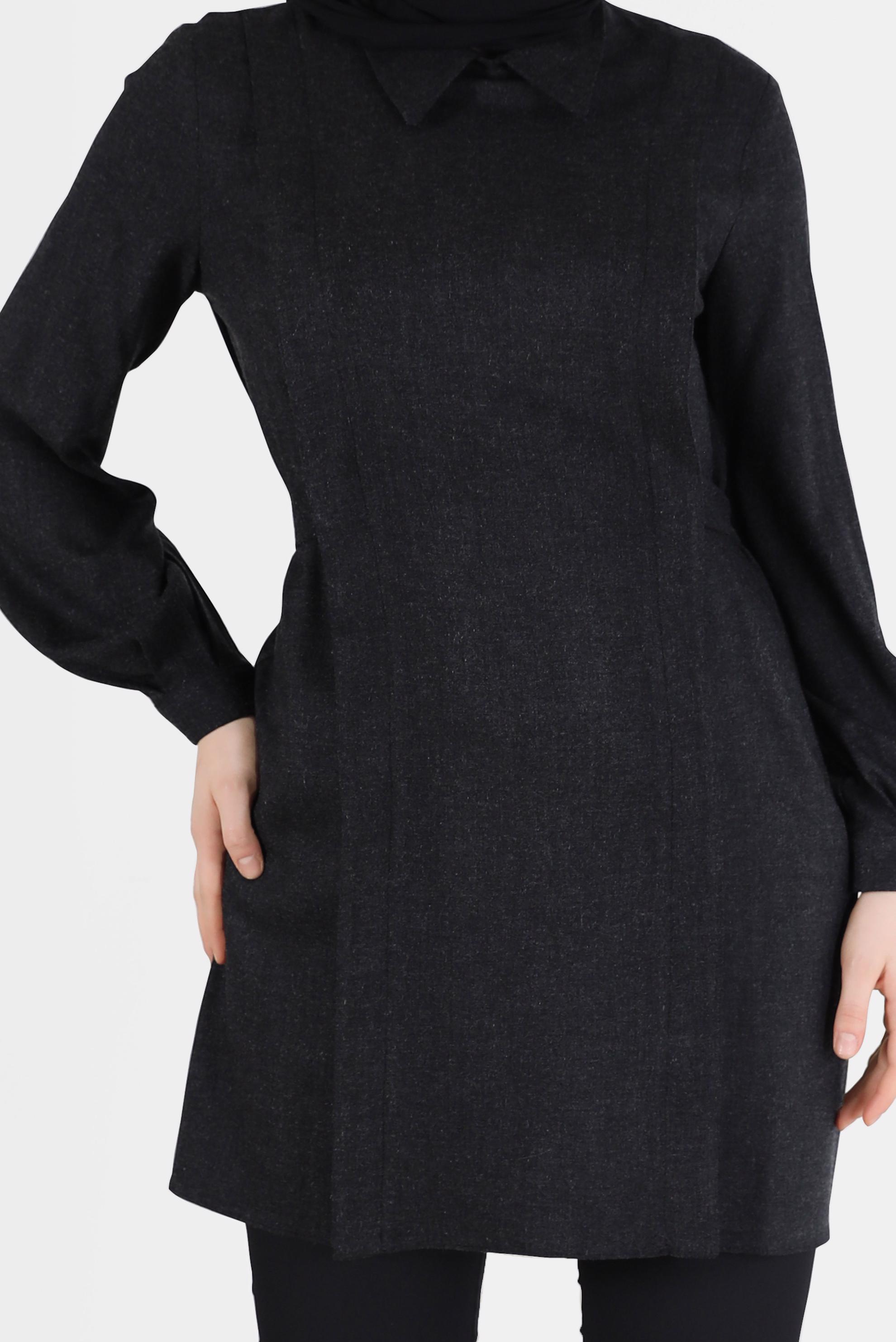 Tesettür giyim SİYAH BAĞLAMA DETAYLI KLASİK YAKA TUNİK 42377