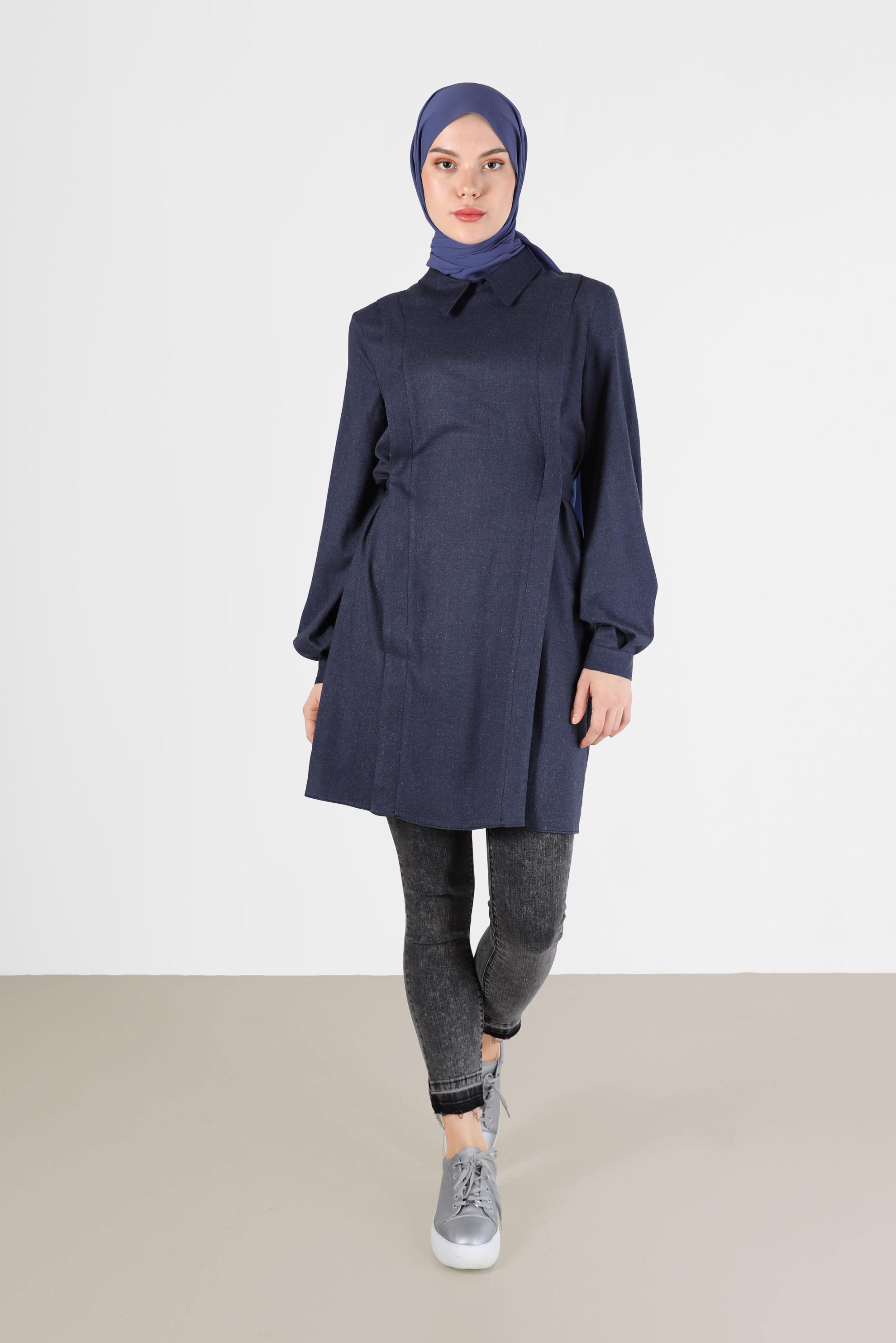 Tesettür giyim LACİVERT BAĞLAMA DETAYLI KLASİK YAKA TUNİK 42377