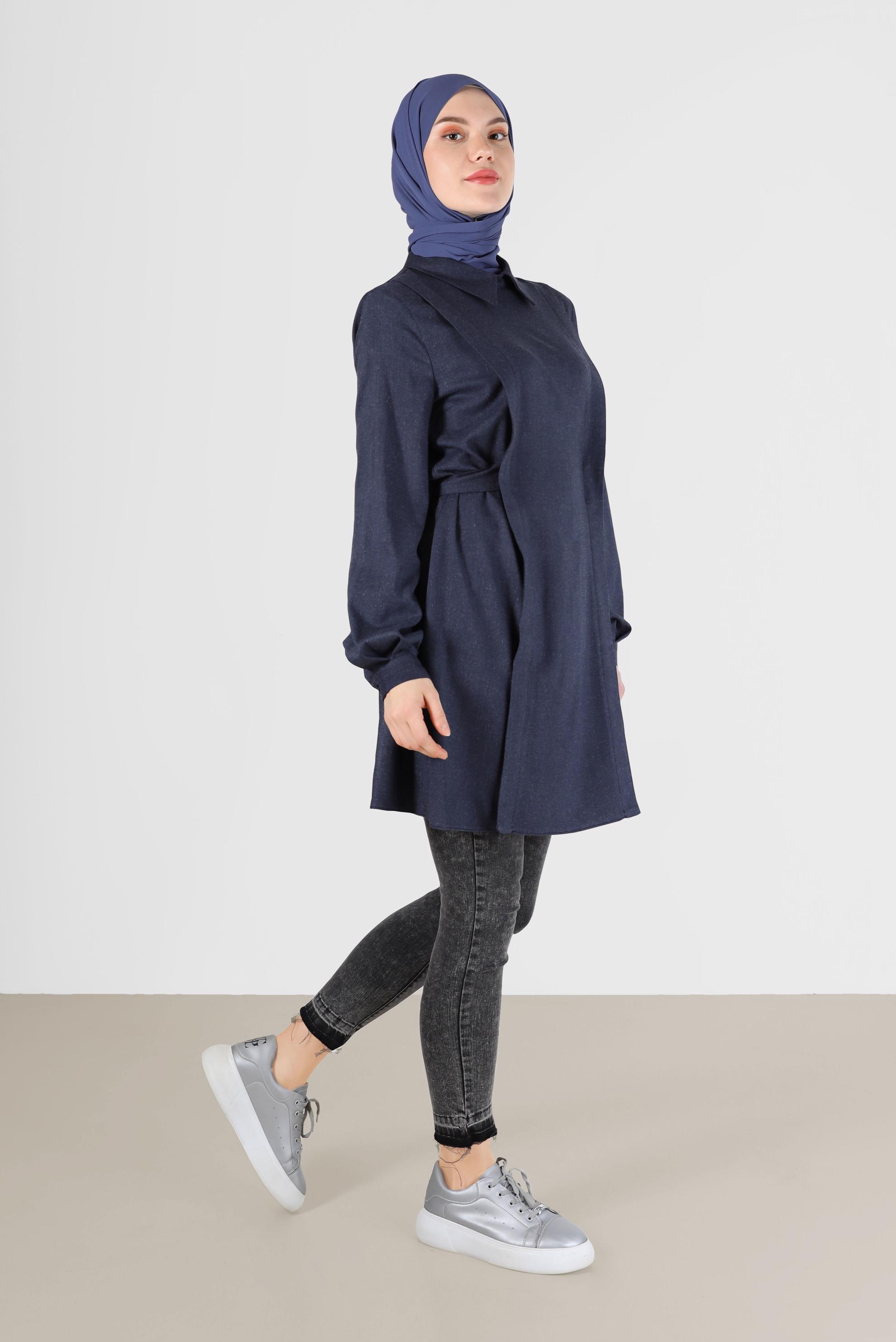 Tesettür giyim LACİVERT BAĞLAMA DETAYLI KLASİK YAKA TUNİK 42377
