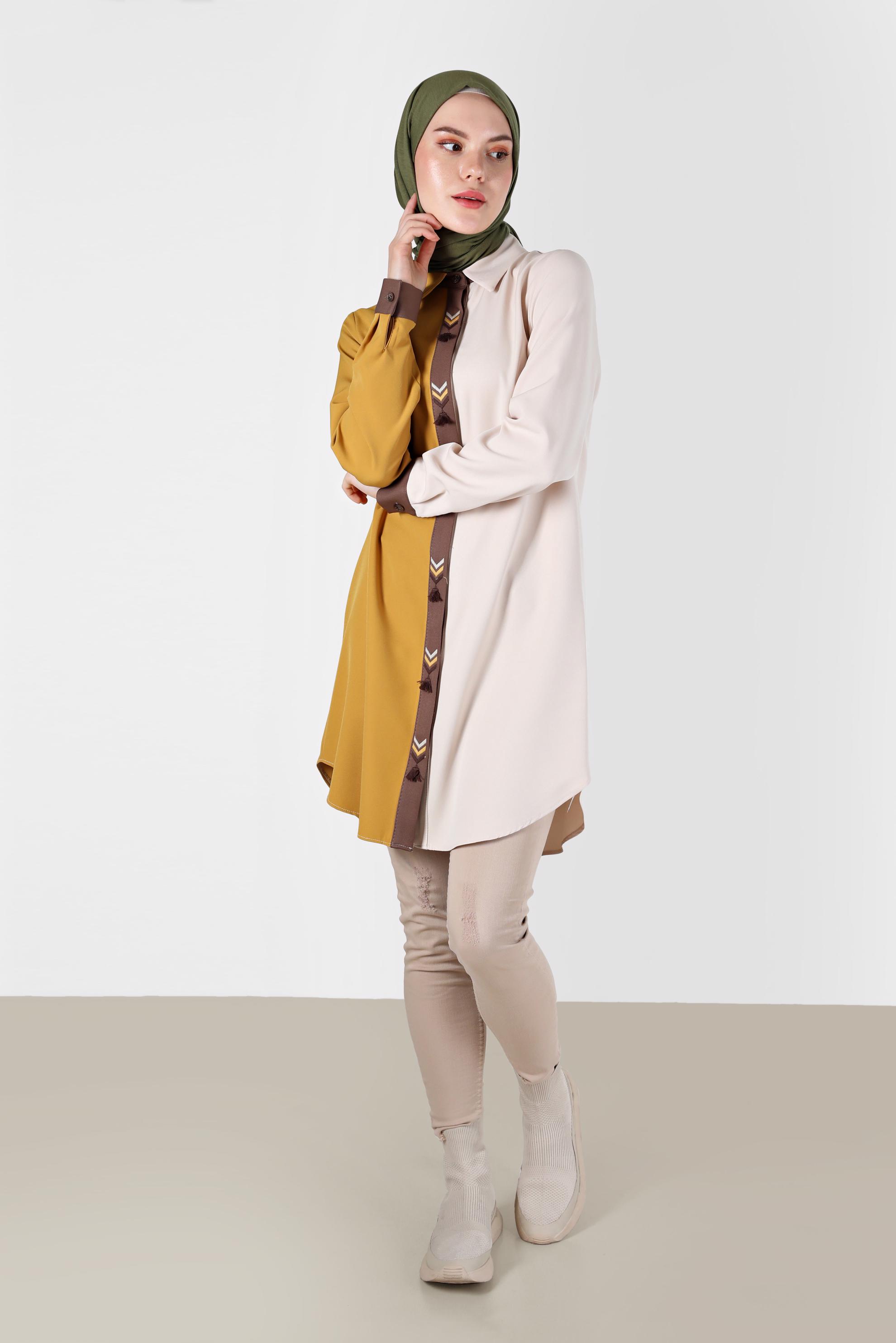 Tesettür giyim SARI İŞLEMELİ PÜSKÜL DETAYLI ÇOK RENKLİ TUNİK 42378 