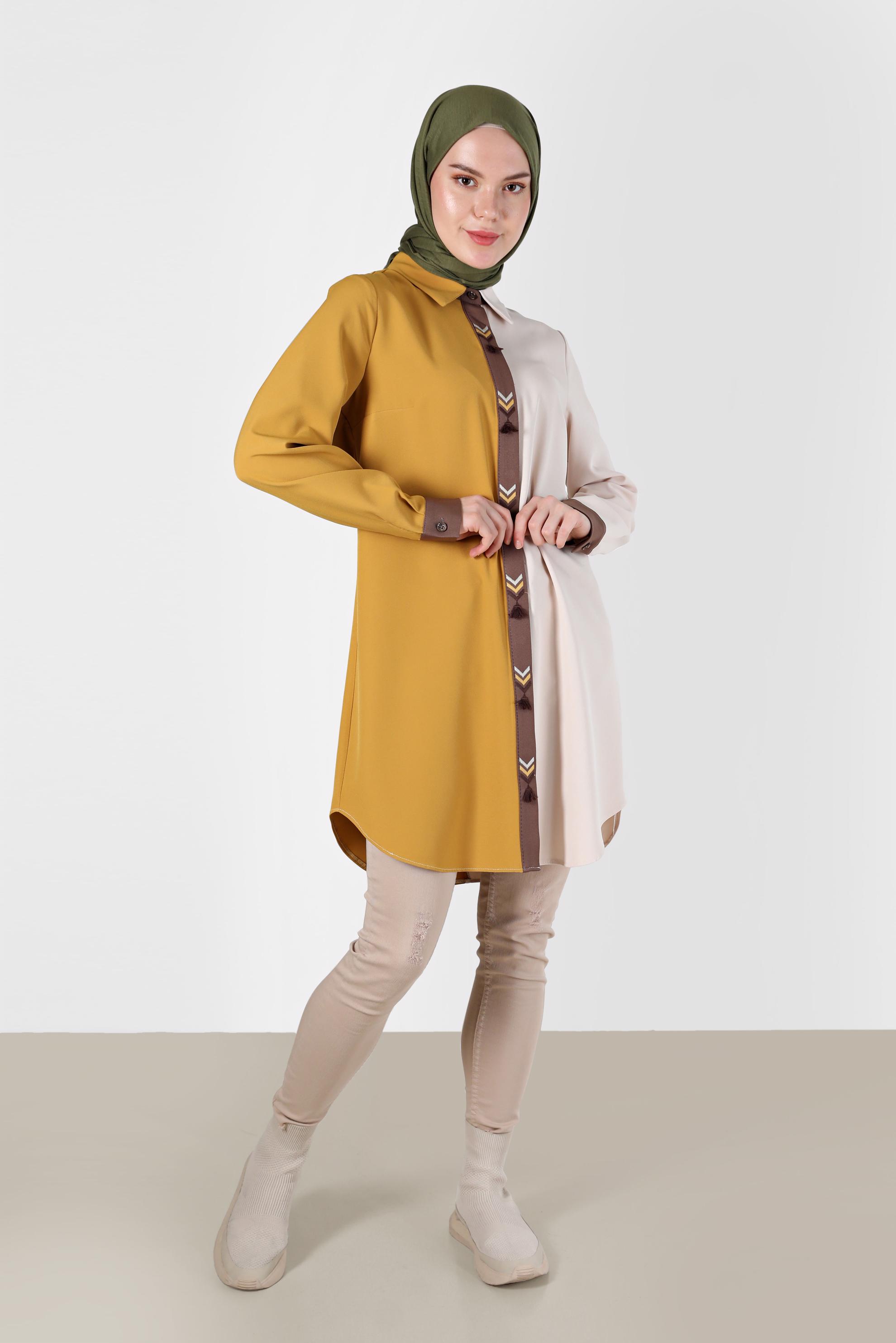 Tesettür giyim SARI İŞLEMELİ PÜSKÜL DETAYLI ÇOK RENKLİ TUNİK 42378 