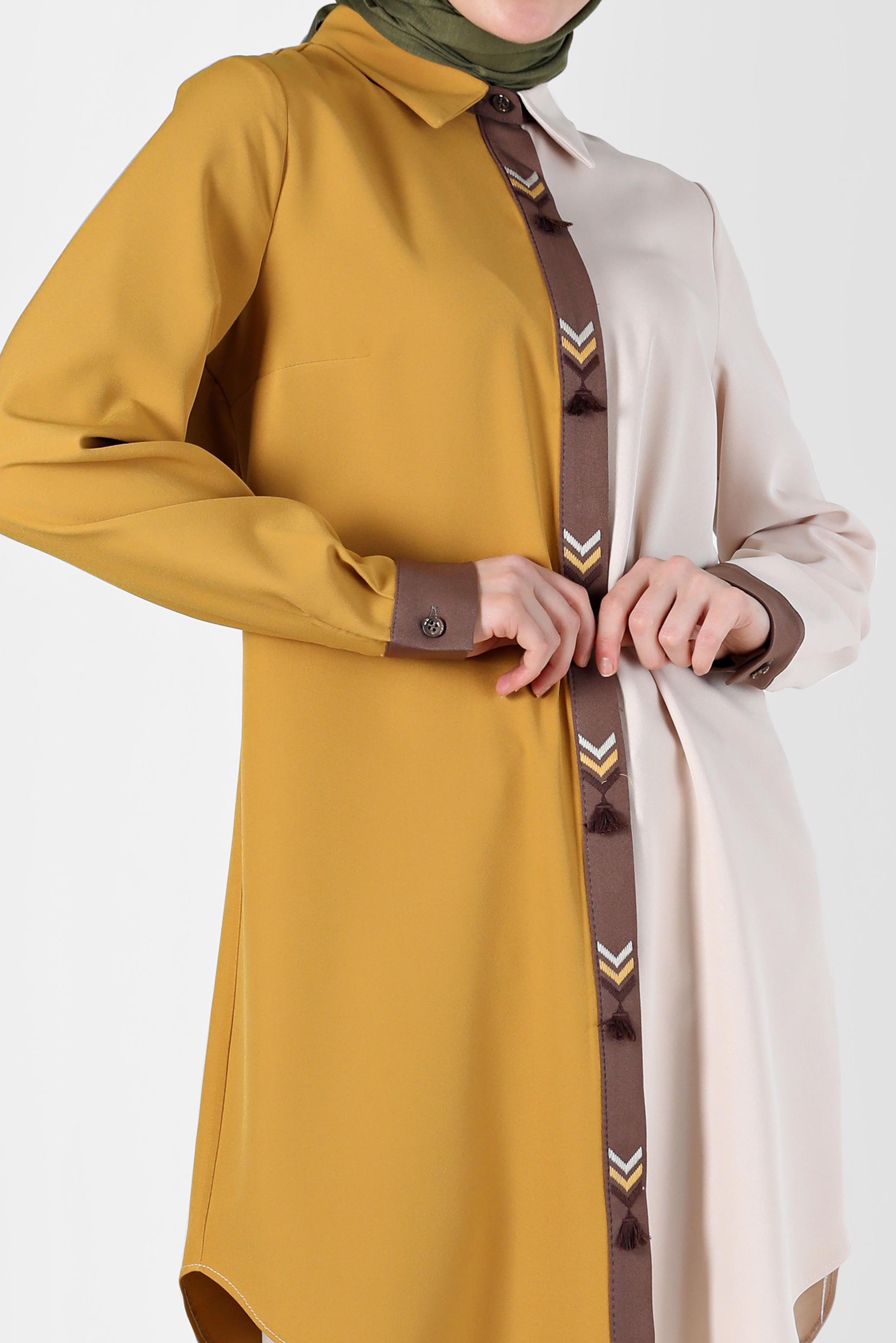 Tesettür giyim SARI İŞLEMELİ PÜSKÜL DETAYLI ÇOK RENKLİ TUNİK 42378 