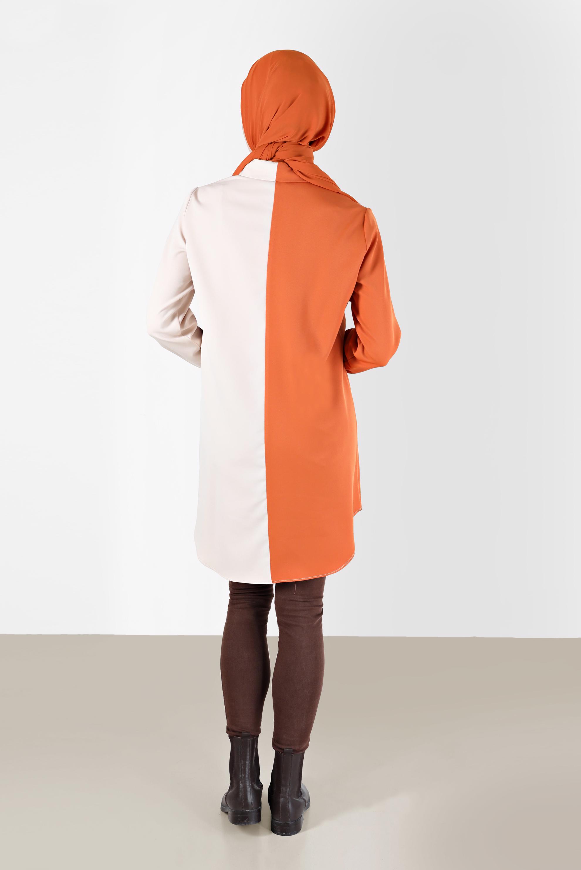 Tesettür giyim TURUNCU İŞLEMELİ PÜSKÜL DETAYLI ÇOK RENKLİ TUNİK 42378 