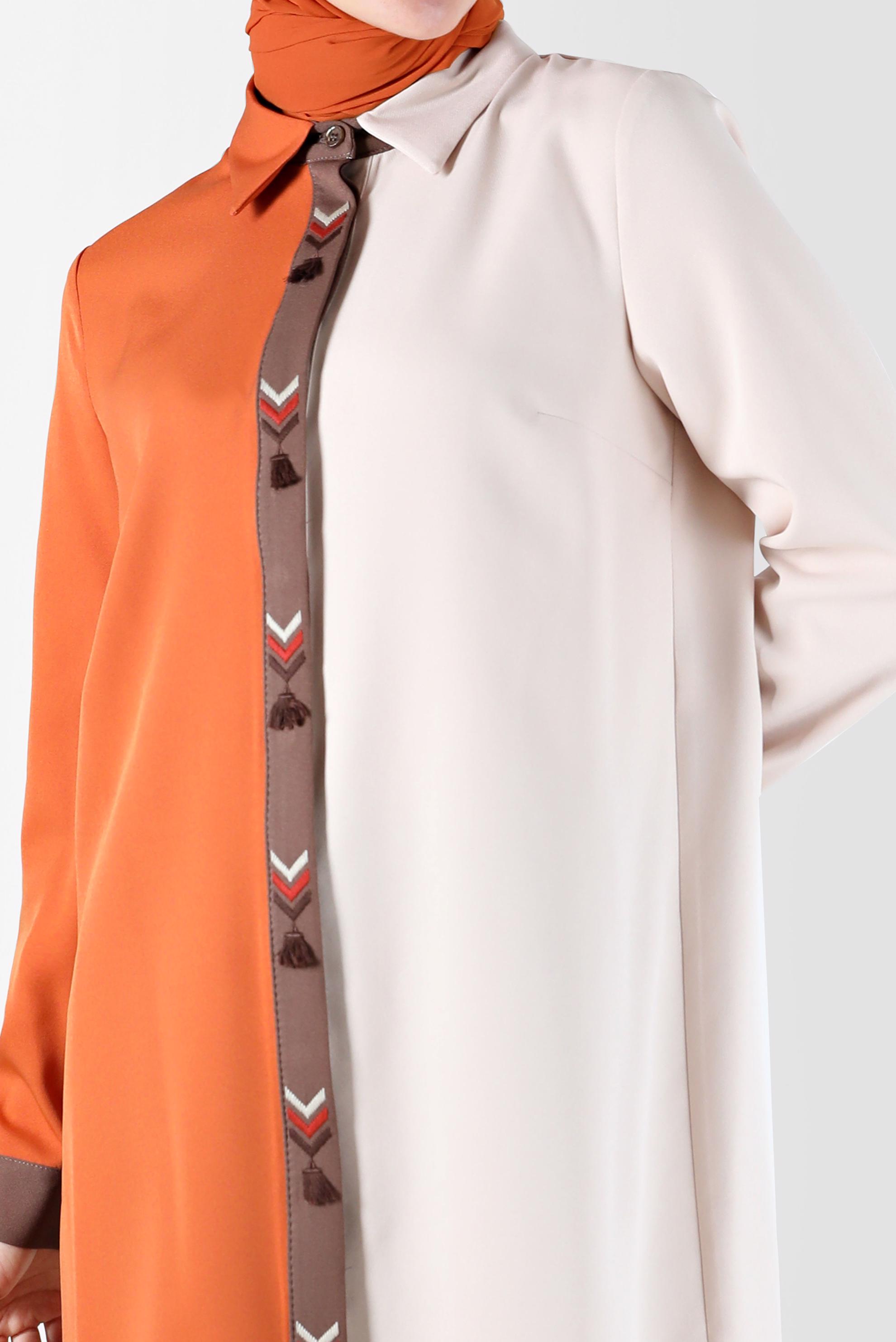 Tesettür giyim TURUNCU İŞLEMELİ PÜSKÜL DETAYLI ÇOK RENKLİ TUNİK 42378 