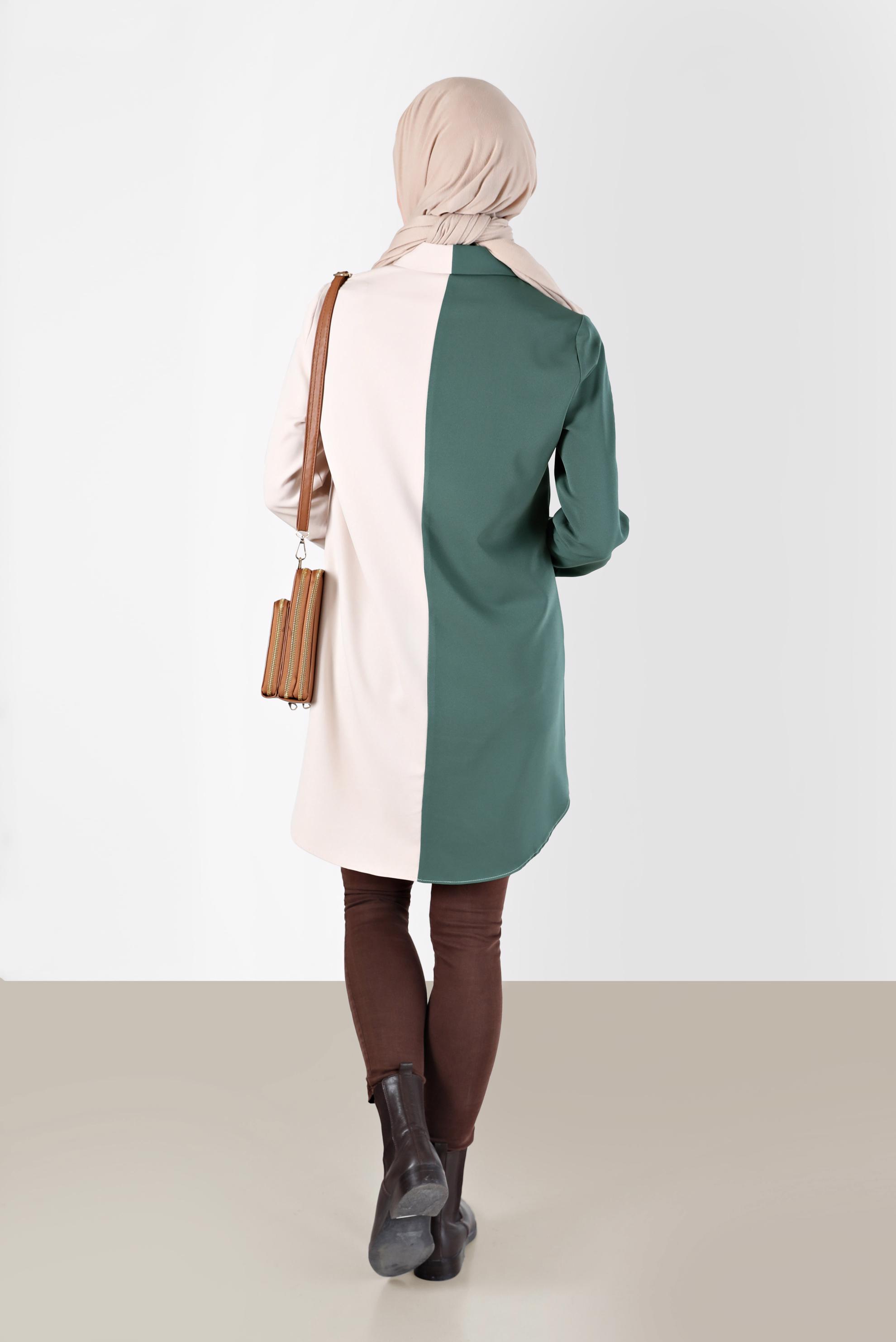 Tesettür giyim YEŞİL İŞLEMELİ PÜSKÜL DETAYLI ÇOK RENKLİ TUNİK 42378 