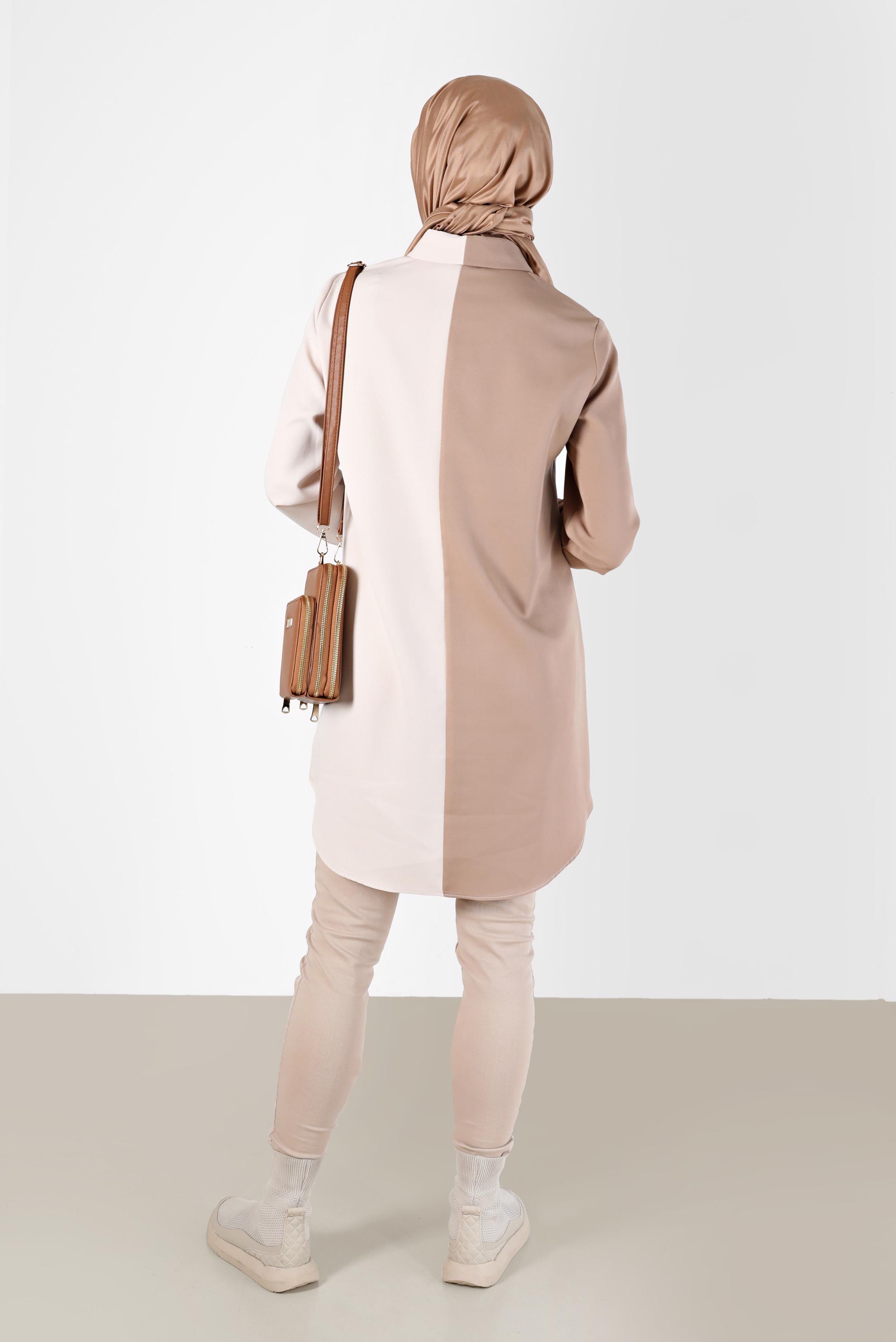 Tesettür giyim KAHVE İŞLEMELİ PÜSKÜL DETAYLI ÇOK RENKLİ TUNİK 42378 