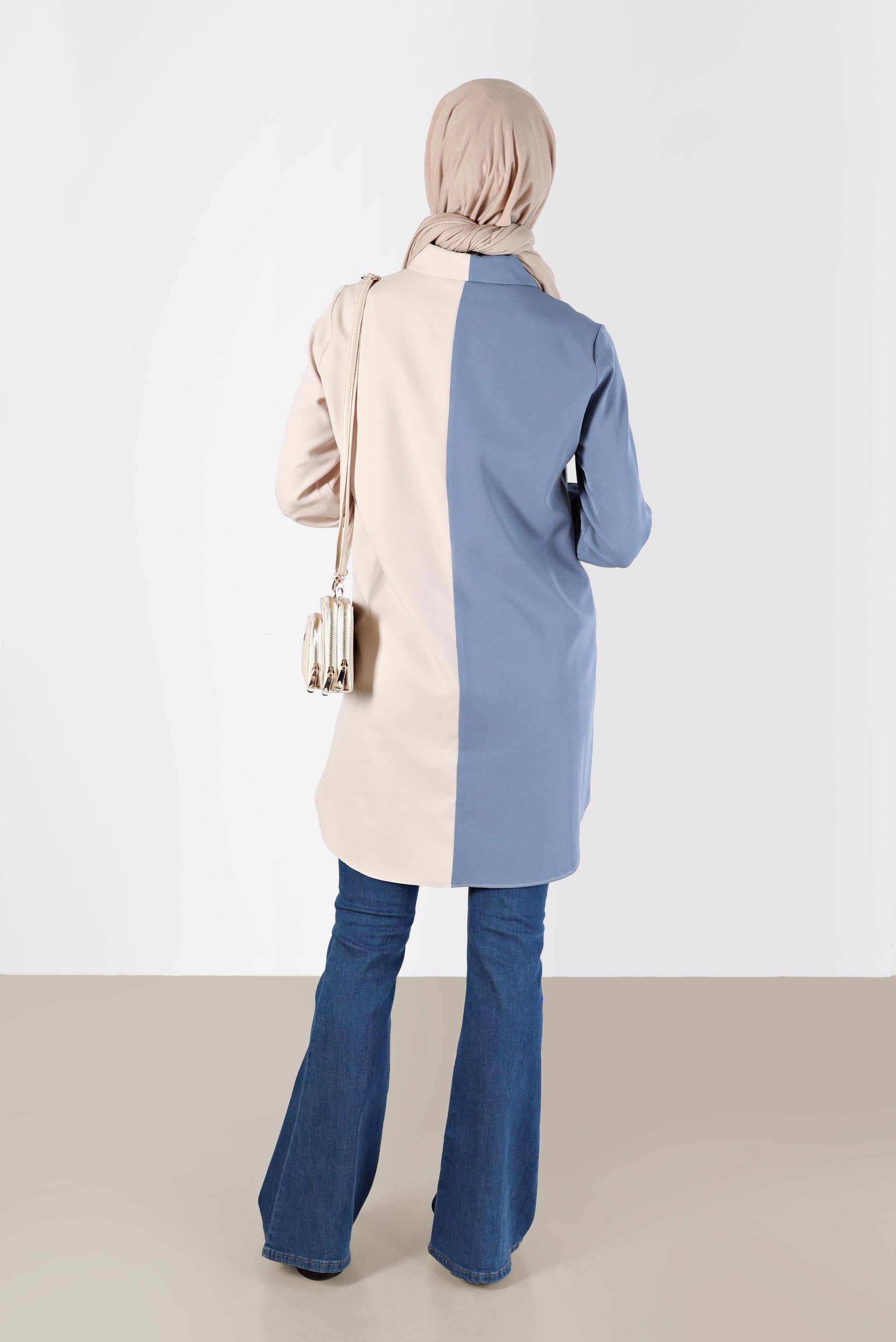 Tesettür giyim MAVİ İŞLEMELİ PÜSKÜL DETAYLI ÇOK RENKLİ TUNİK 42378 