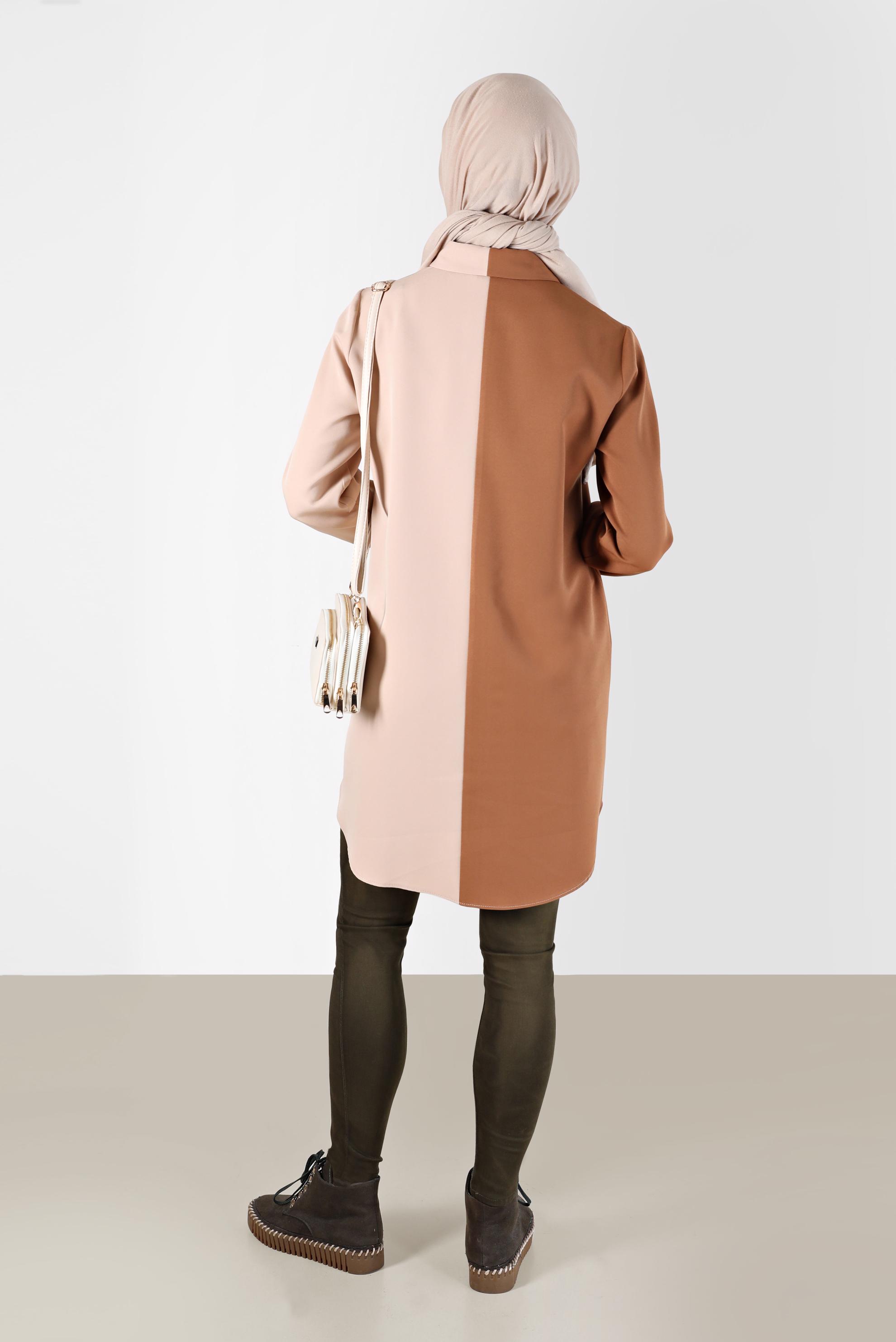 Tesettür giyim KAHVE İŞLEMELİ PÜSKÜL DETAYLI ÇOK RENKLİ TUNİK 42378 