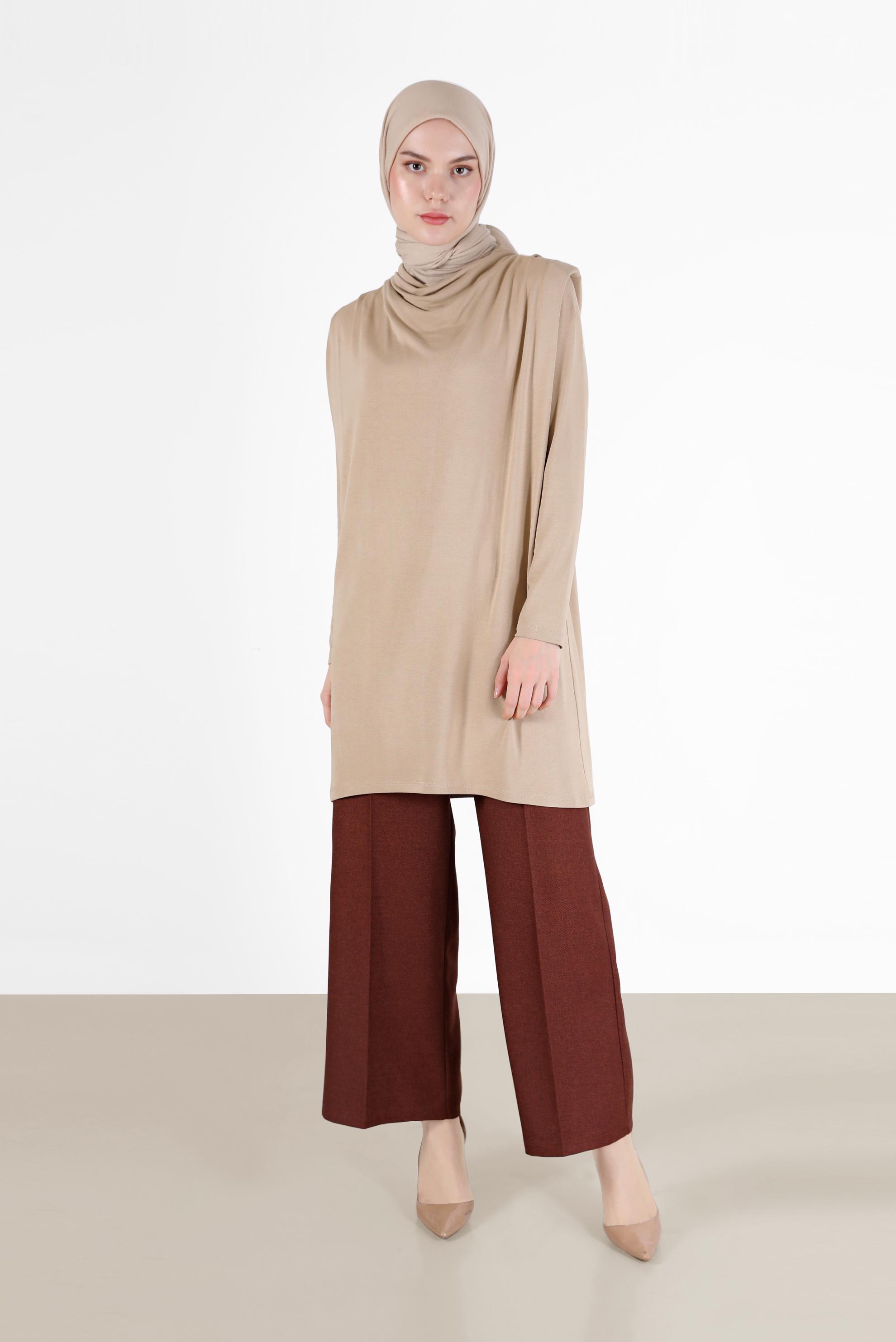 Tesettür giyim BEJ DÖKÜMLÜ YAKA TUNİK 42389 