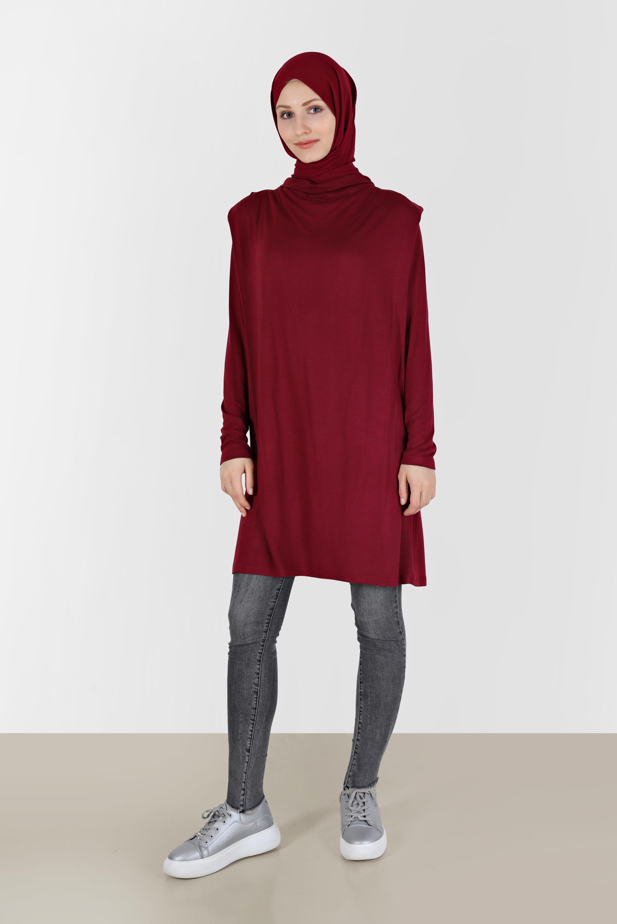 Tesettür giyim BORDO DÖKÜMLÜ YAKA TUNİK 42389 