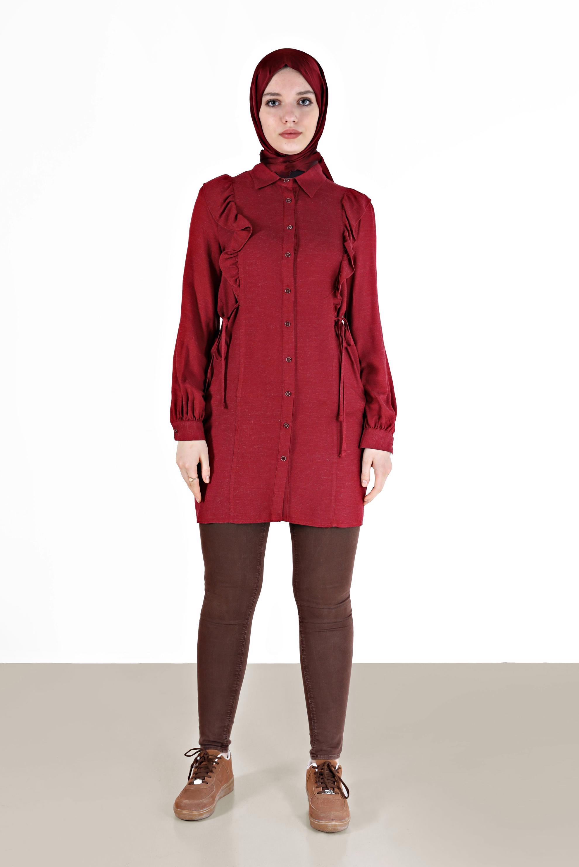 Tesettür giyim KIRMIZI FIRFIRLI YANLARI BAĞLAMA DETAYLI TUNİK 42390 