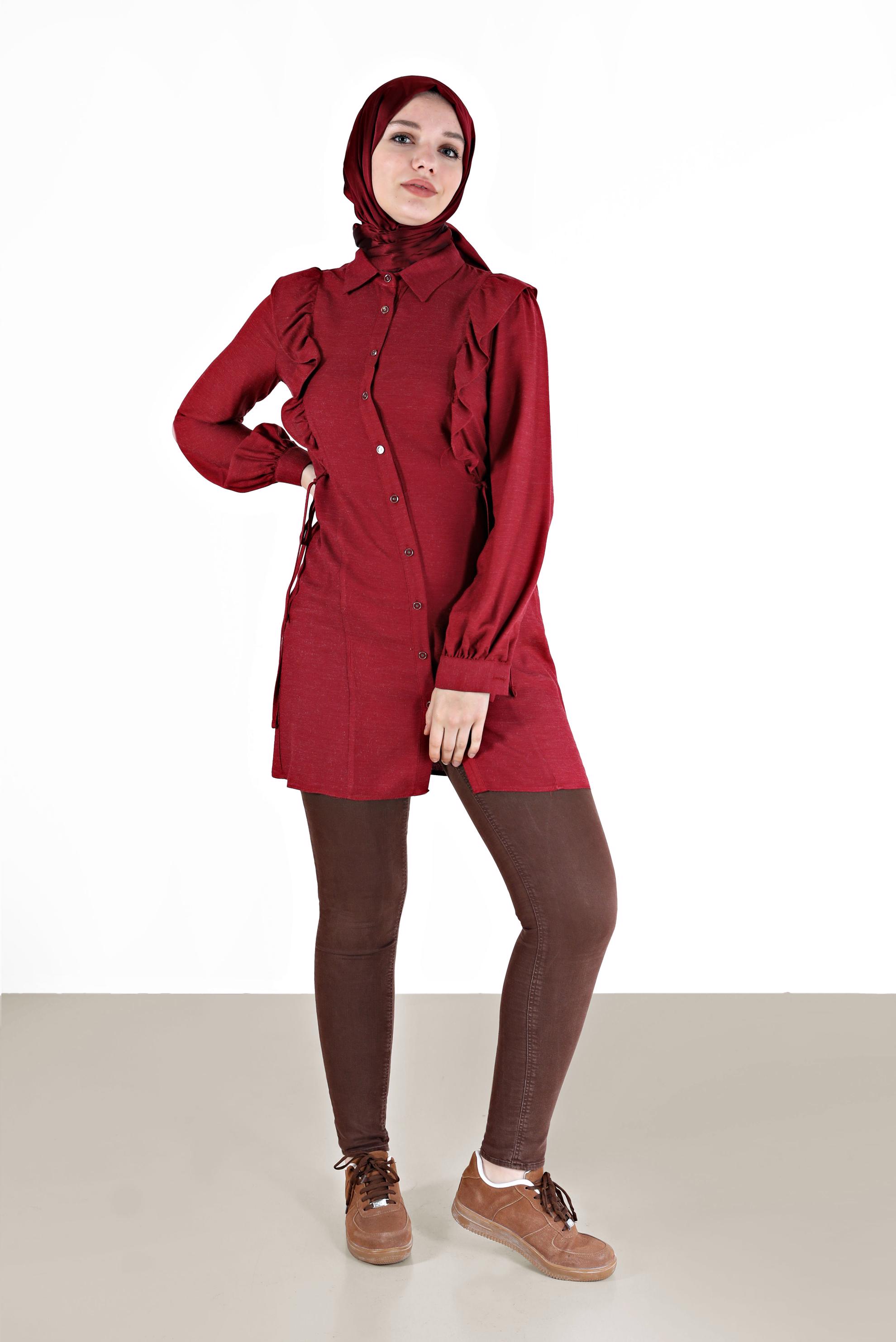 Tesettür giyim KIRMIZI FIRFIRLI YANLARI BAĞLAMA DETAYLI TUNİK 42390 