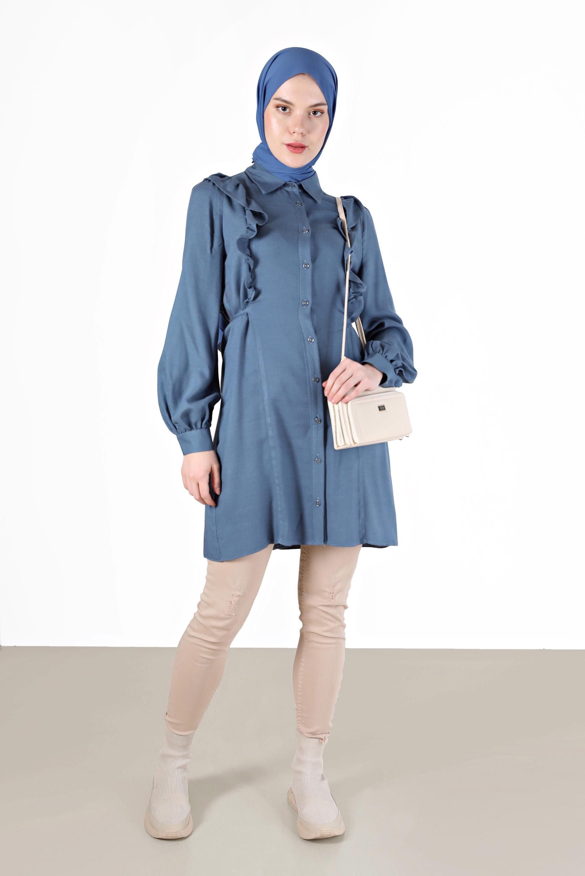 Tesettür giyim MAVİ FIRFIRLI YANLARI BAĞLAMA DETAYLI TUNİK 42390 