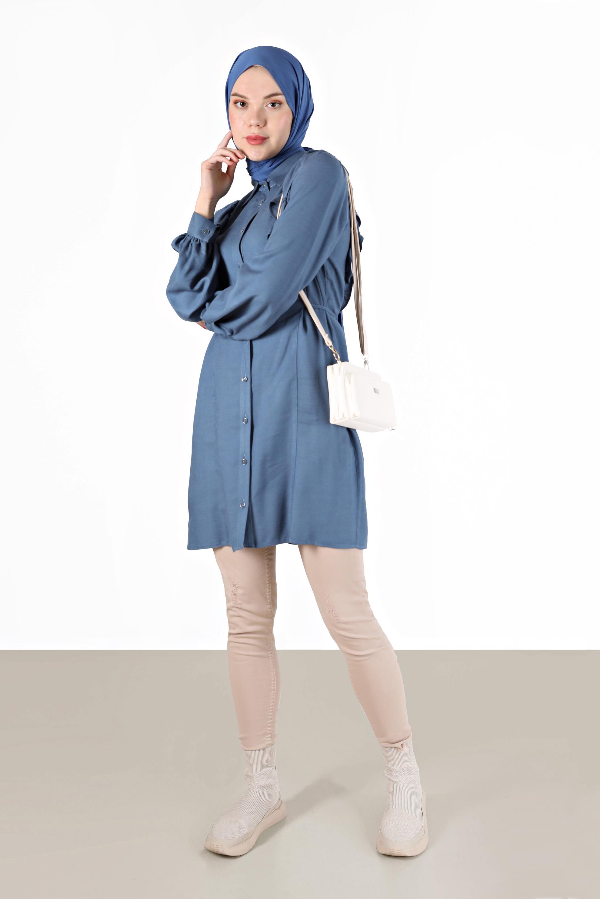 Tesettür giyim MAVİ FIRFIRLI YANLARI BAĞLAMA DETAYLI TUNİK 42390 