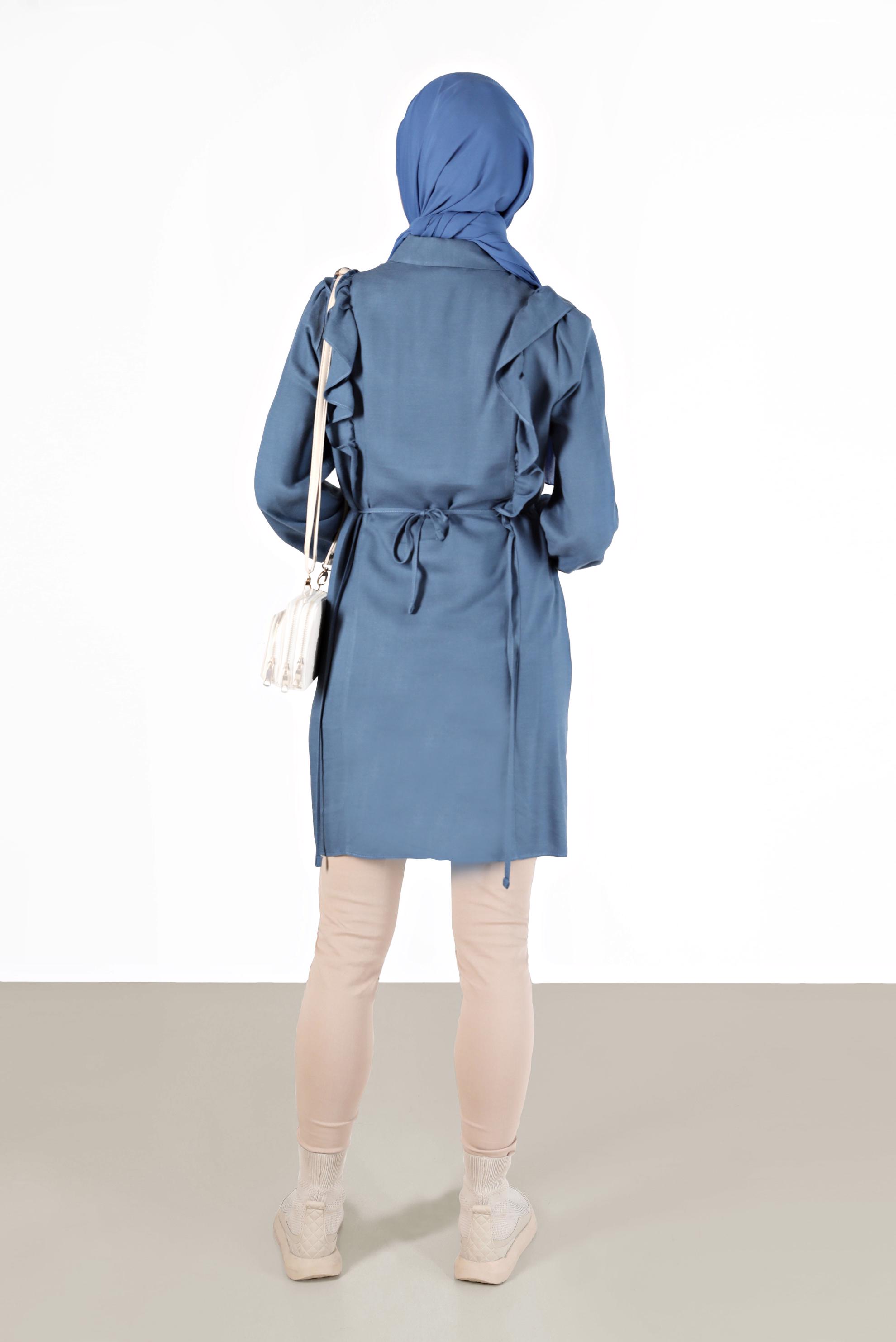 Tesettür giyim MAVİ FIRFIRLI YANLARI BAĞLAMA DETAYLI TUNİK 42390 