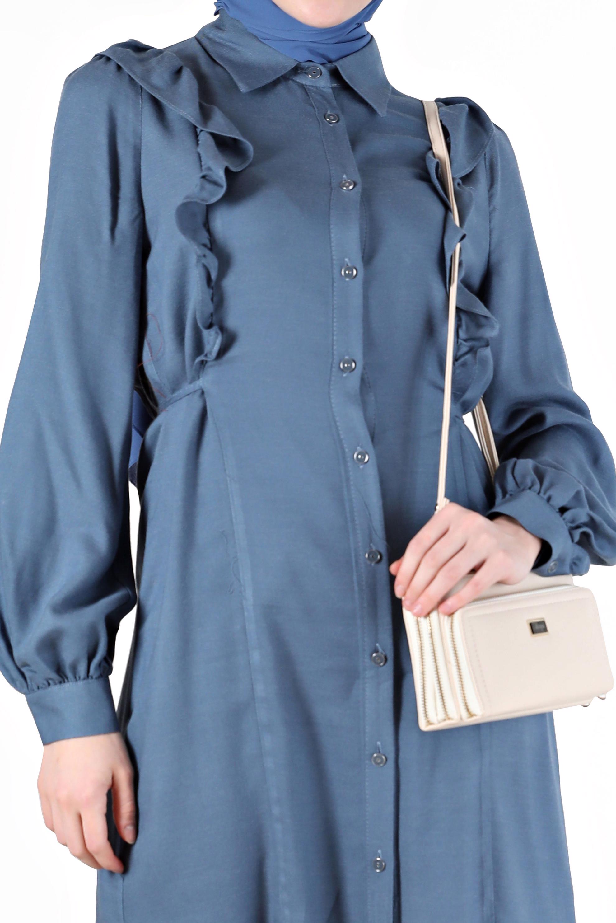 Tesettür giyim MAVİ FIRFIRLI YANLARI BAĞLAMA DETAYLI TUNİK 42390 