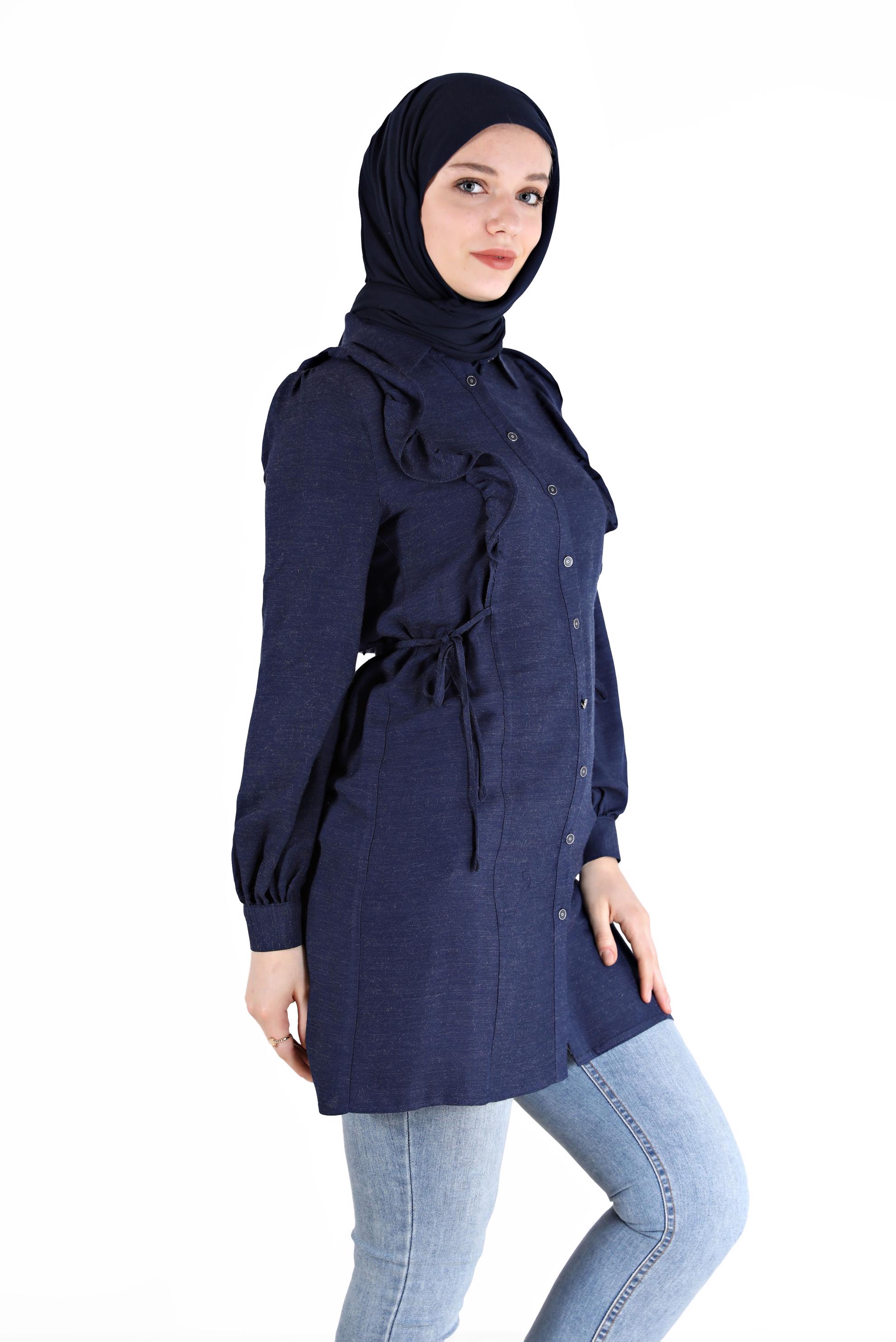Tesettür giyim LACİVERT FIRFIRLI YANLARI BAĞLAMA DETAYLI TUNİK 42390 