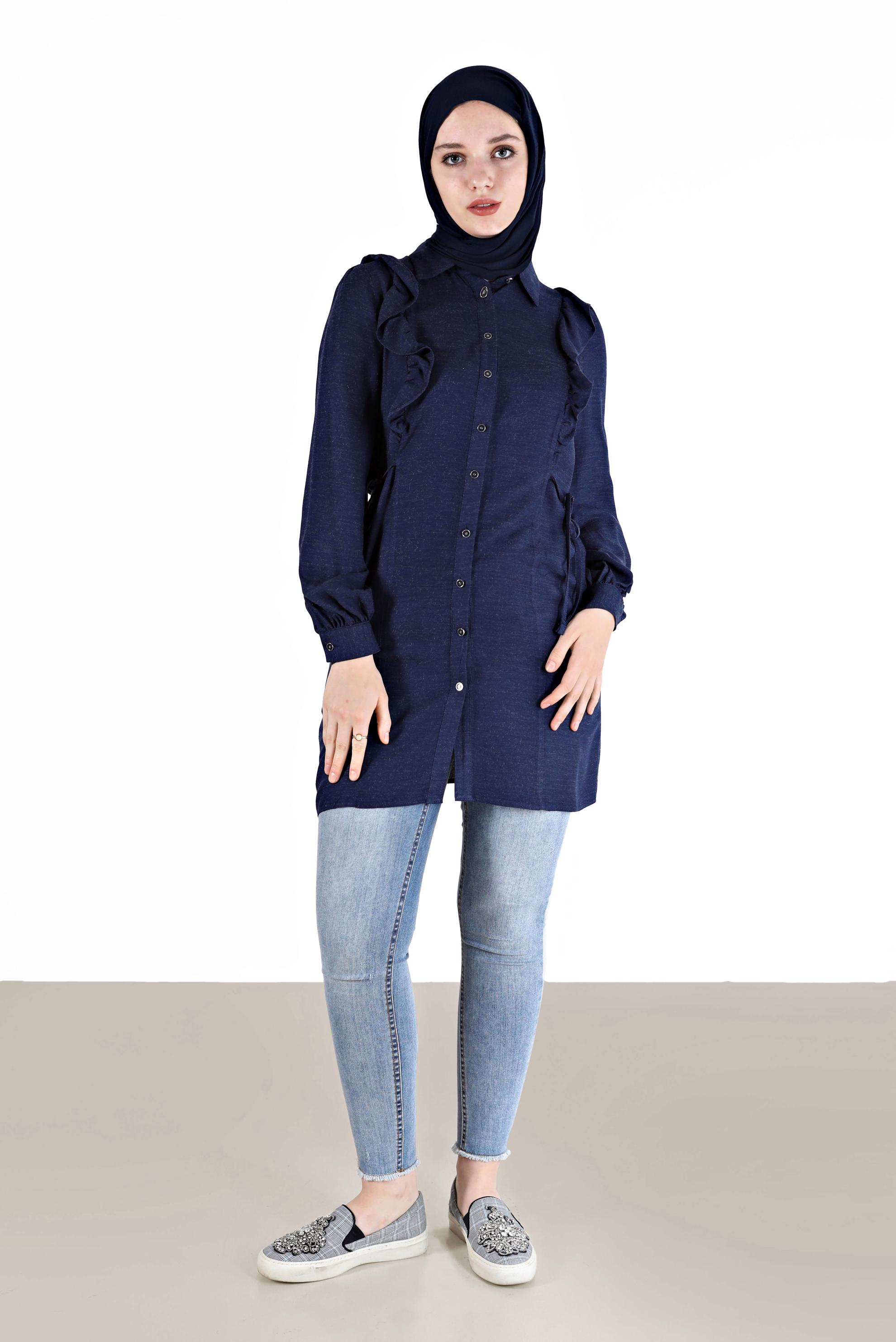 Tesettür giyim LACİVERT FIRFIRLI YANLARI BAĞLAMA DETAYLI TUNİK 42390 