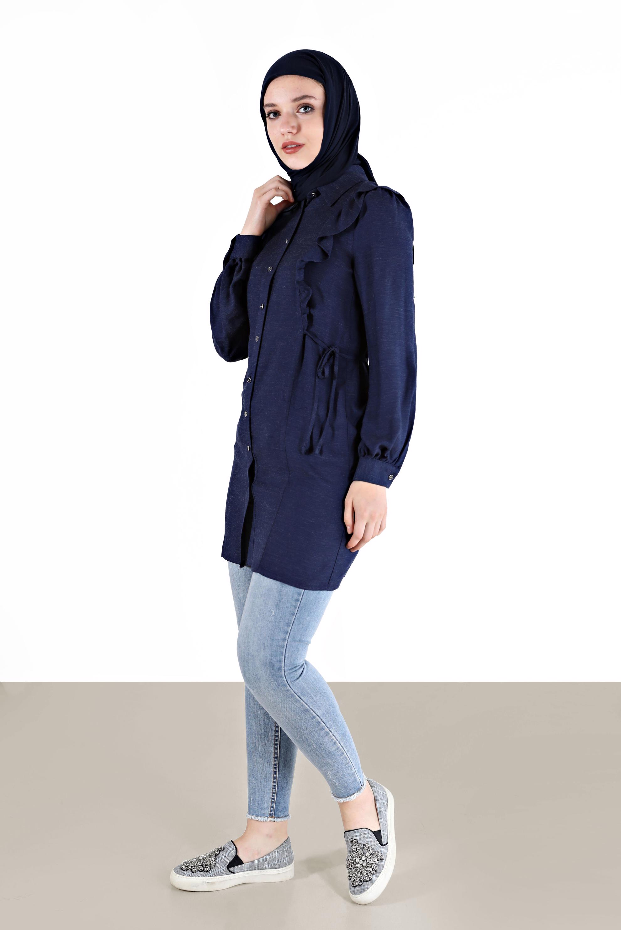 Tesettür giyim LACİVERT FIRFIRLI YANLARI BAĞLAMA DETAYLI TUNİK 42390 