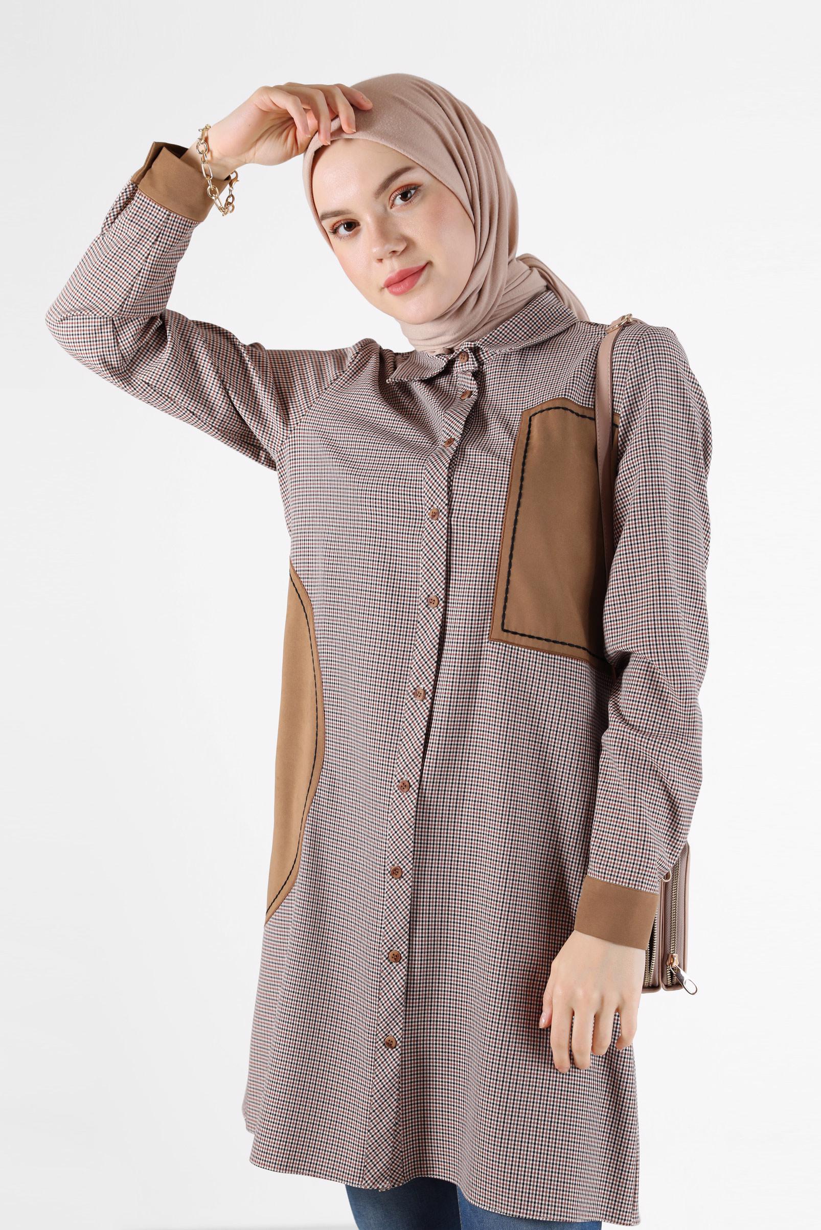 Tesettür giyim KIRMIZI GEOMETRİK DESEN DETAYLI EKOSE TUNİK 42392 