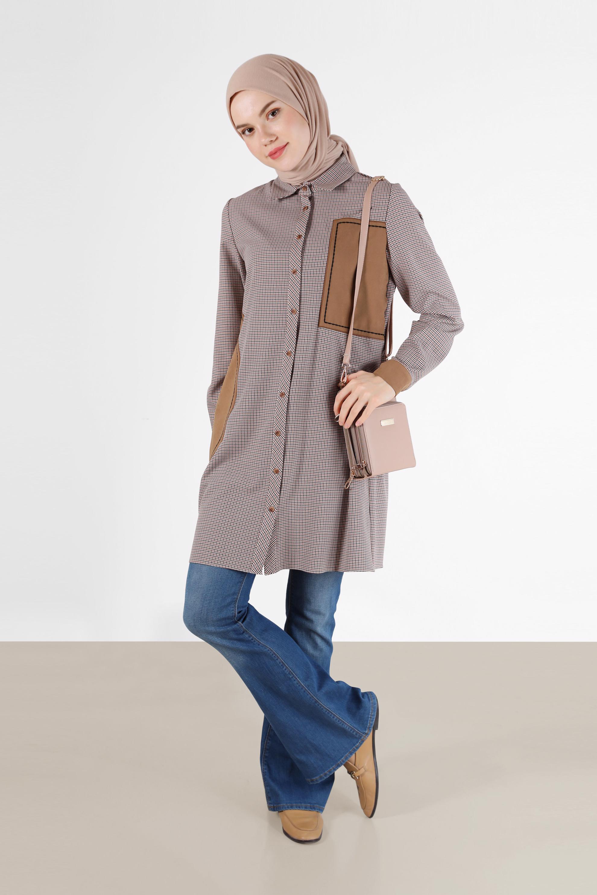 Tesettür giyim KIRMIZI GEOMETRİK DESEN DETAYLI EKOSE TUNİK 42392 