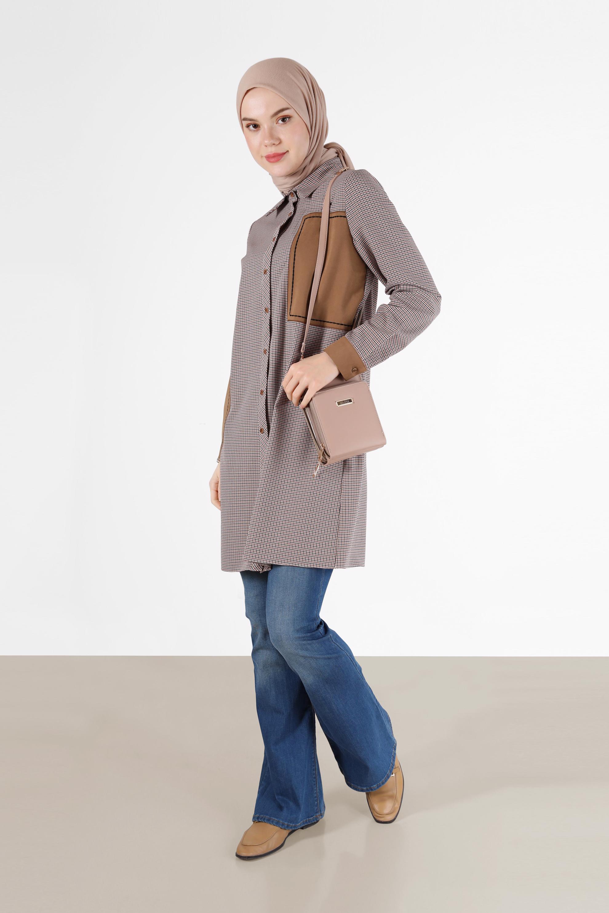 Tesettür giyim KIRMIZI GEOMETRİK DESEN DETAYLI EKOSE TUNİK 42392 