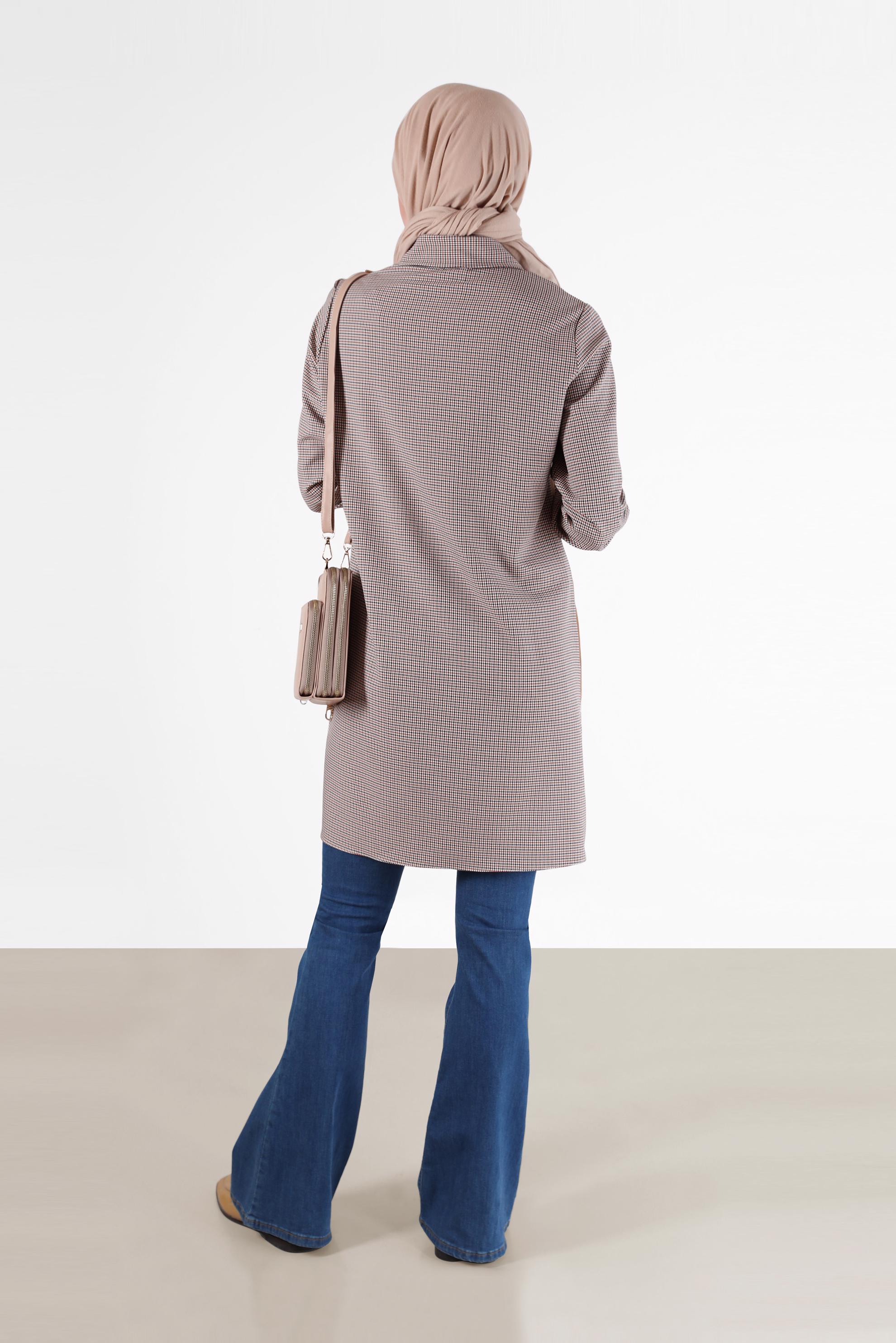 Tesettür giyim KIRMIZI GEOMETRİK DESEN DETAYLI EKOSE TUNİK 42392 