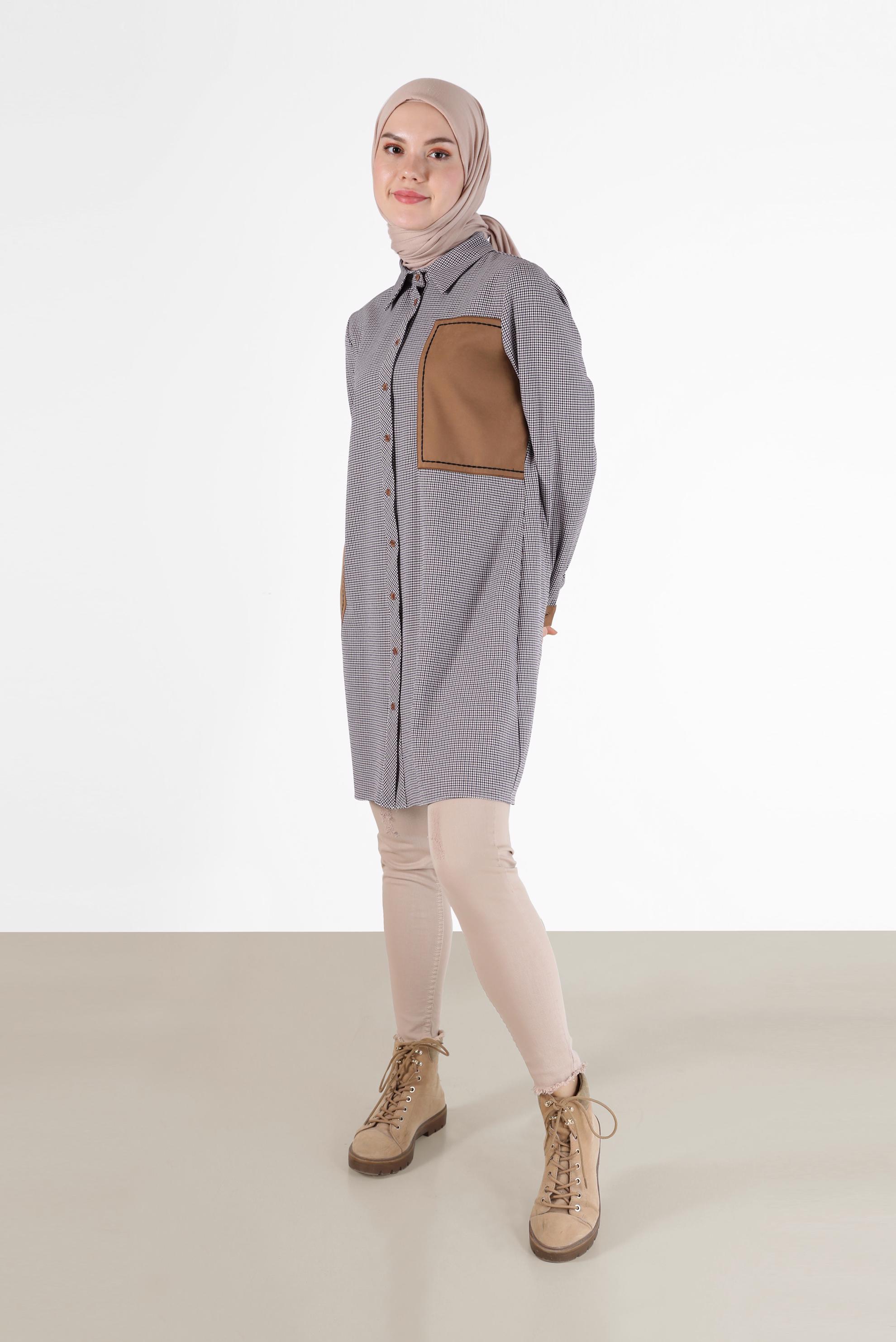 Tesettür giyim MOR GEOMETRİK DESEN DETAYLI EKOSE TUNİK 42392 