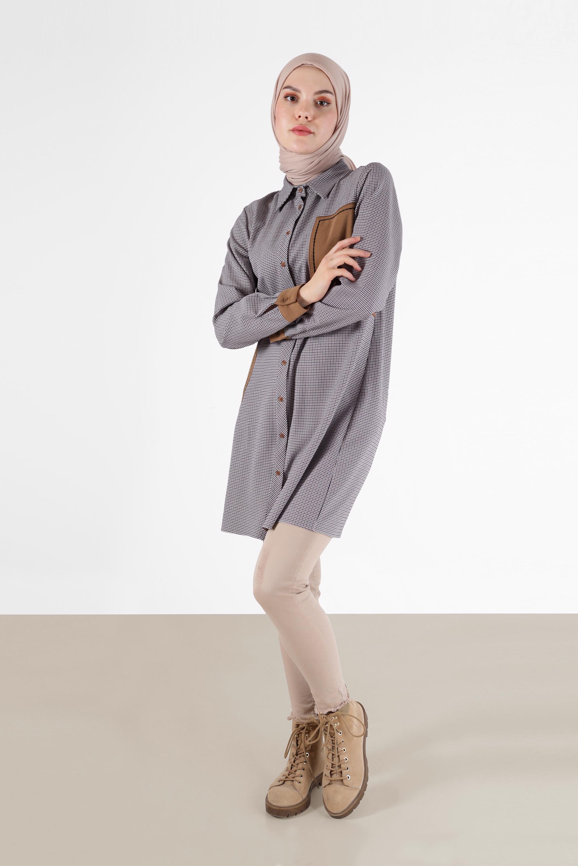 Tesettür giyim MOR GEOMETRİK DESEN DETAYLI EKOSE TUNİK 42392 