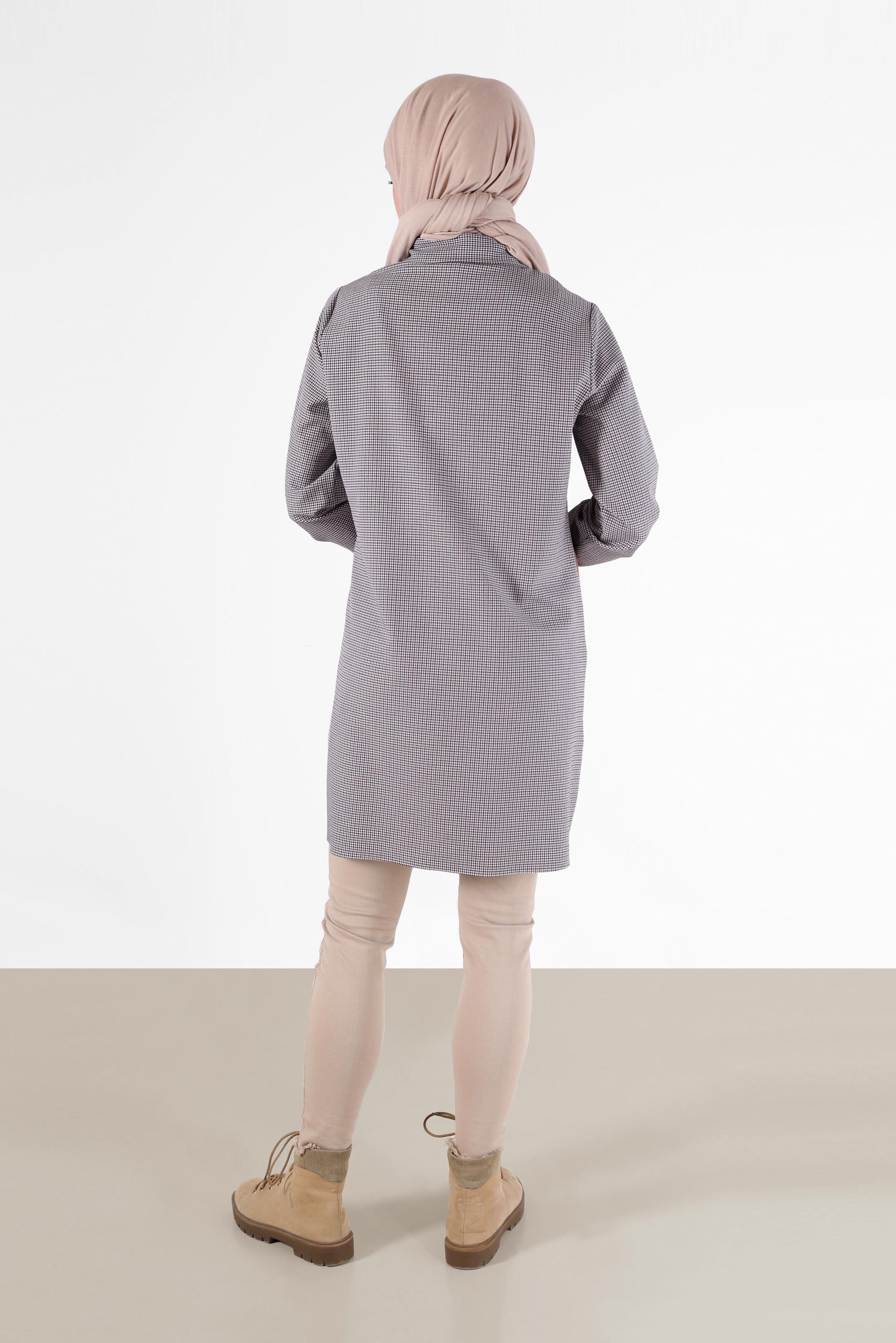 Tesettür giyim MOR GEOMETRİK DESEN DETAYLI EKOSE TUNİK 42392 