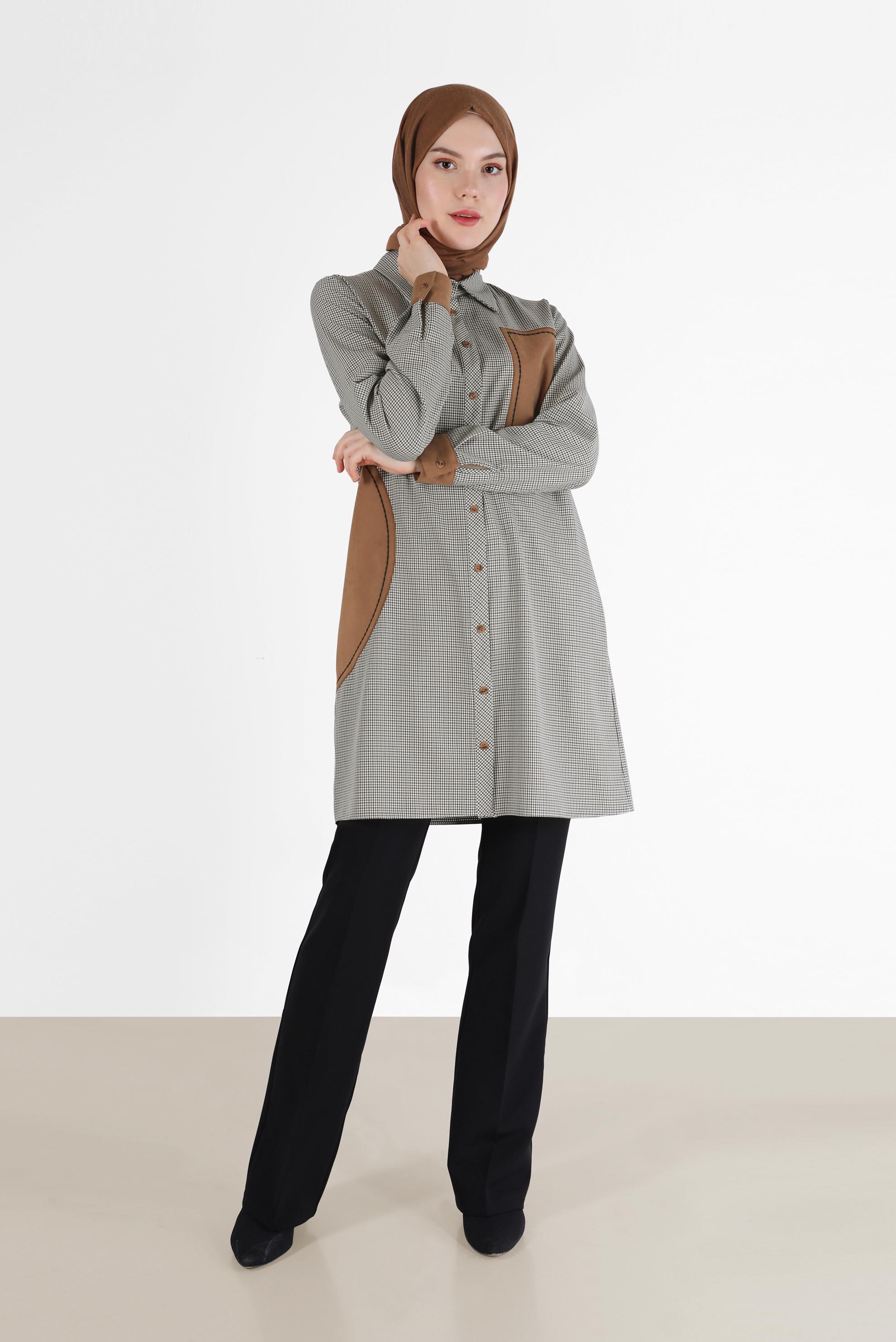 Tesettür giyim GRİ GEOMETRİK DESEN DETAYLI EKOSE TUNİK 42392 