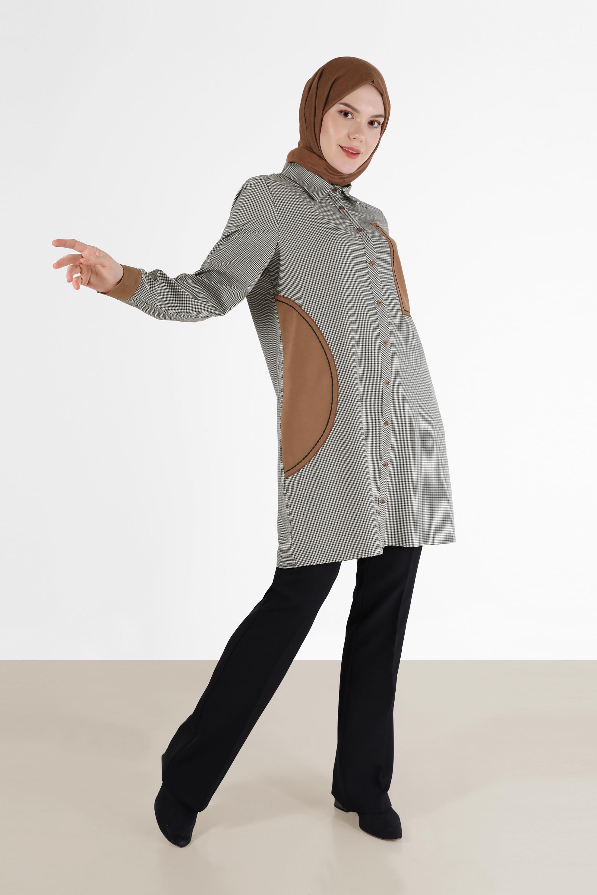 Tesettür giyim GRİ GEOMETRİK DESEN DETAYLI EKOSE TUNİK 42392 