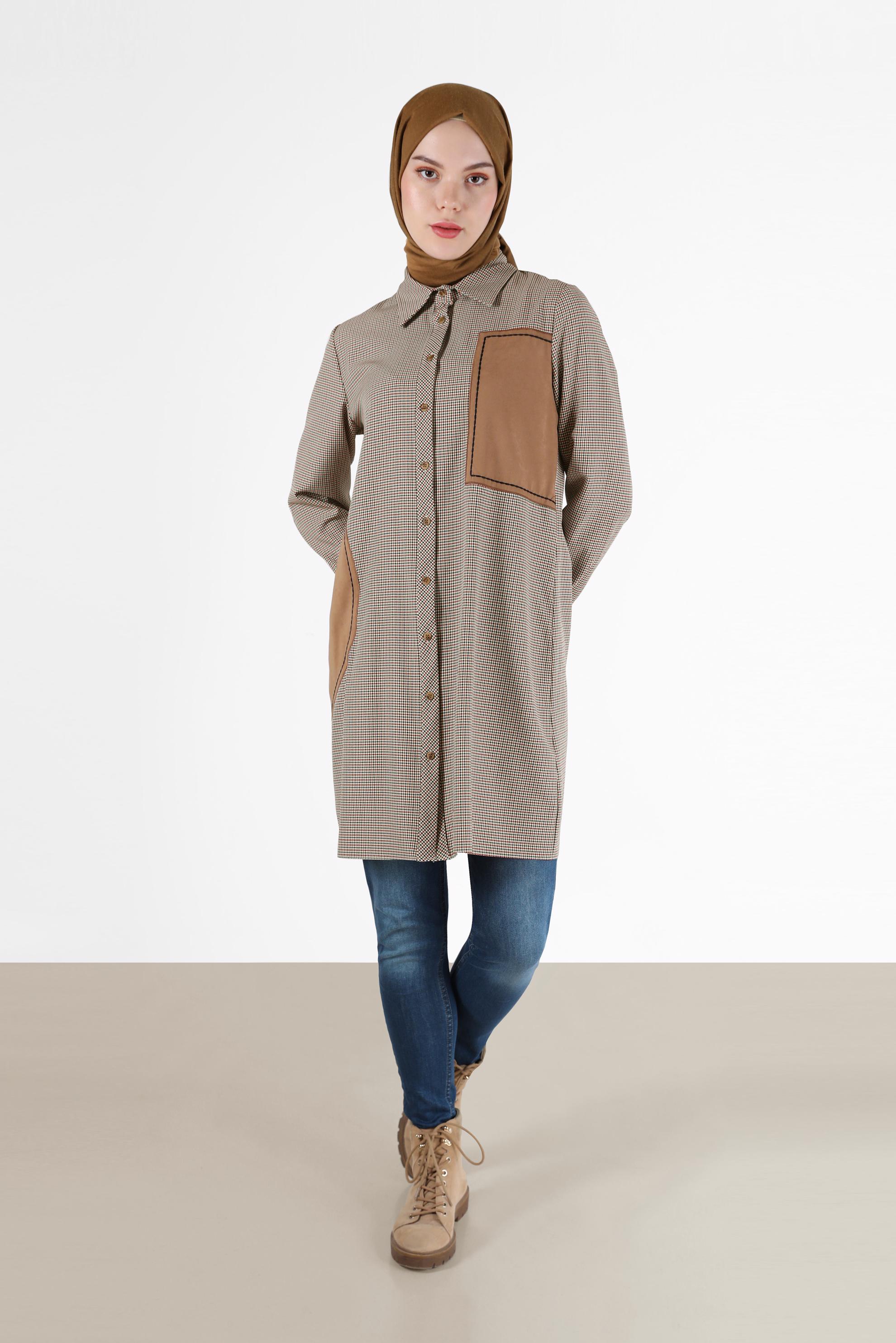 Tesettür giyim TURUNCU GEOMETRİK DESEN DETAYLI EKOSE TUNİK 42392 