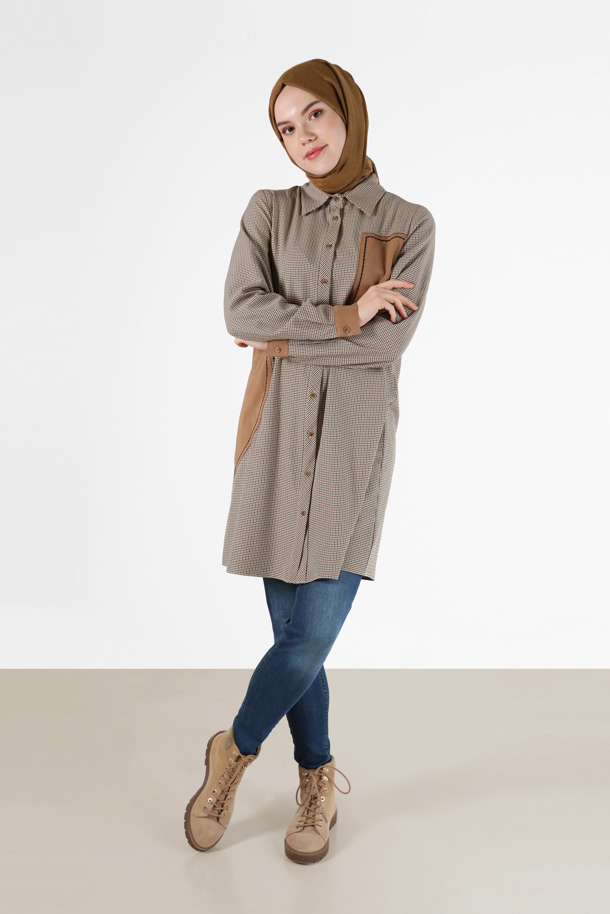 Tesettür giyim TURUNCU GEOMETRİK DESEN DETAYLI EKOSE TUNİK 42392 