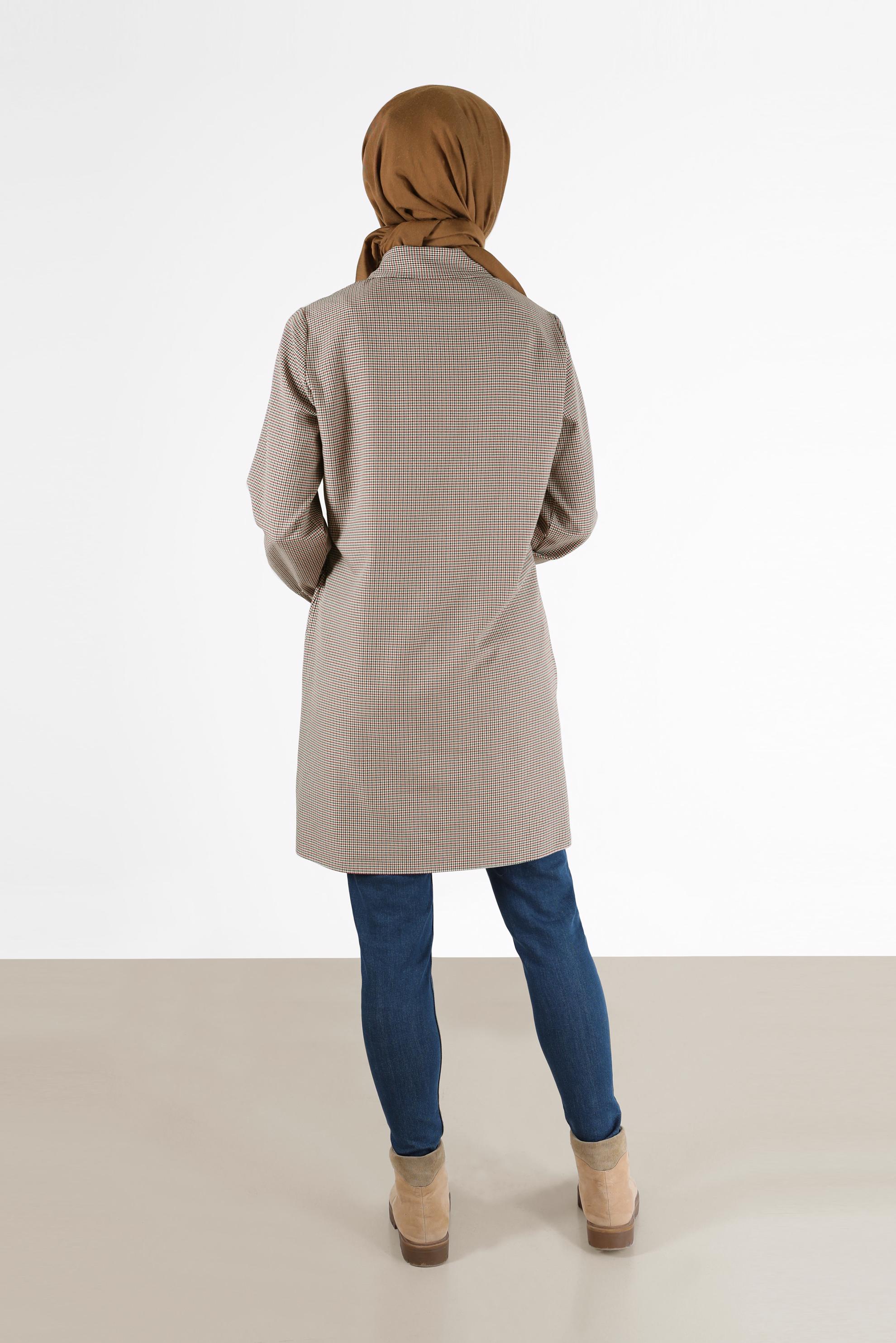 Tesettür giyim TURUNCU GEOMETRİK DESEN DETAYLI EKOSE TUNİK 42392 