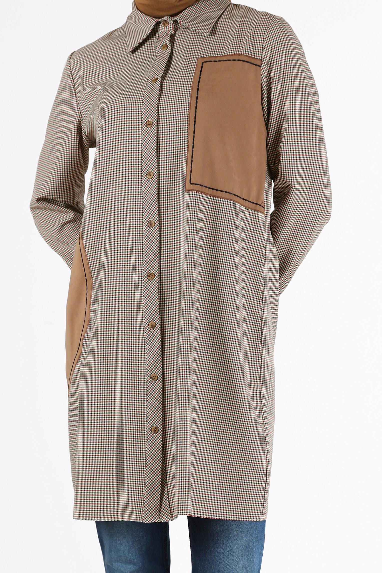 Tesettür giyim TURUNCU GEOMETRİK DESEN DETAYLI EKOSE TUNİK 42392 