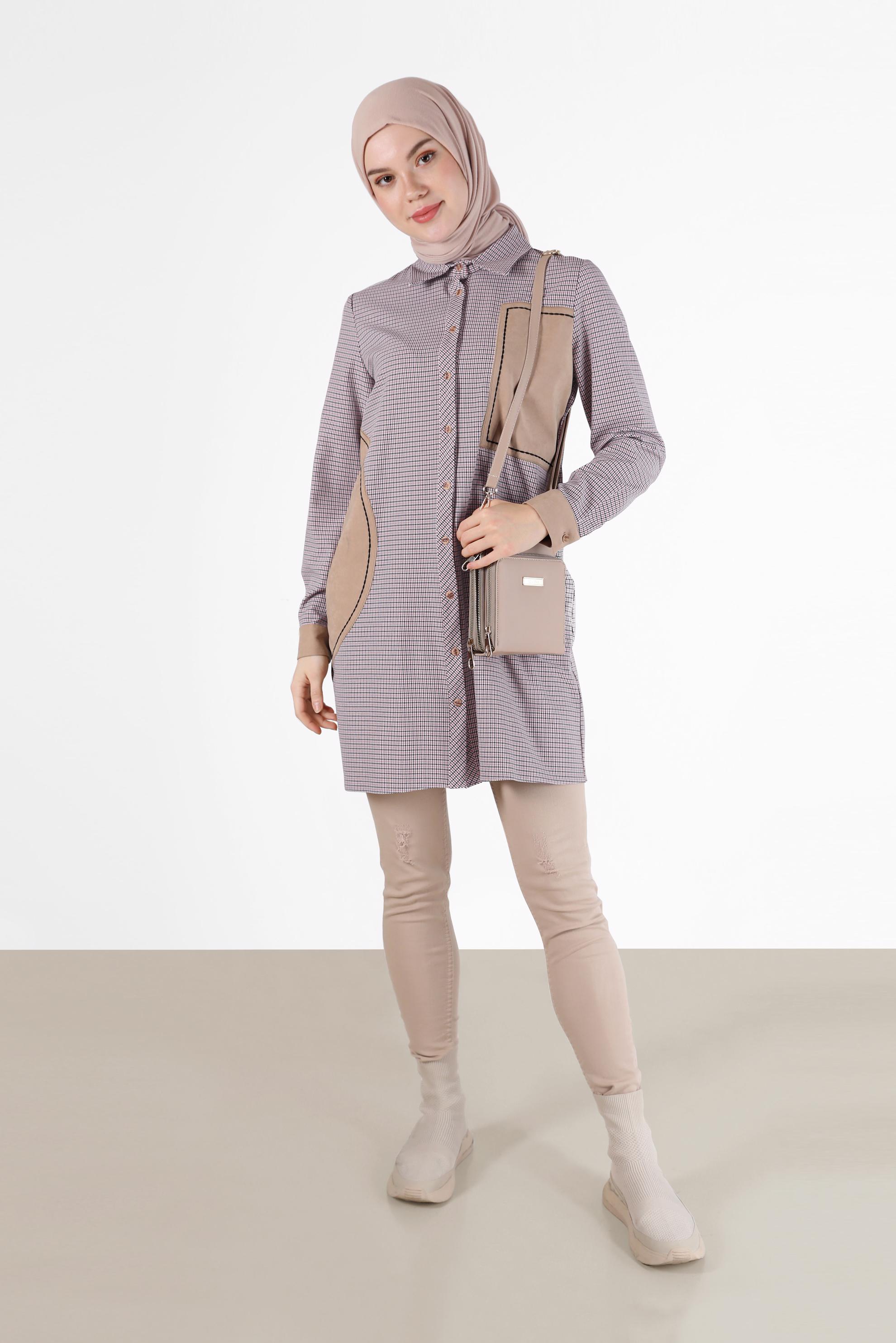 Tesettür giyim PEMBE GEOMETRİK DESEN DETAYLI EKOSE TUNİK 42392 