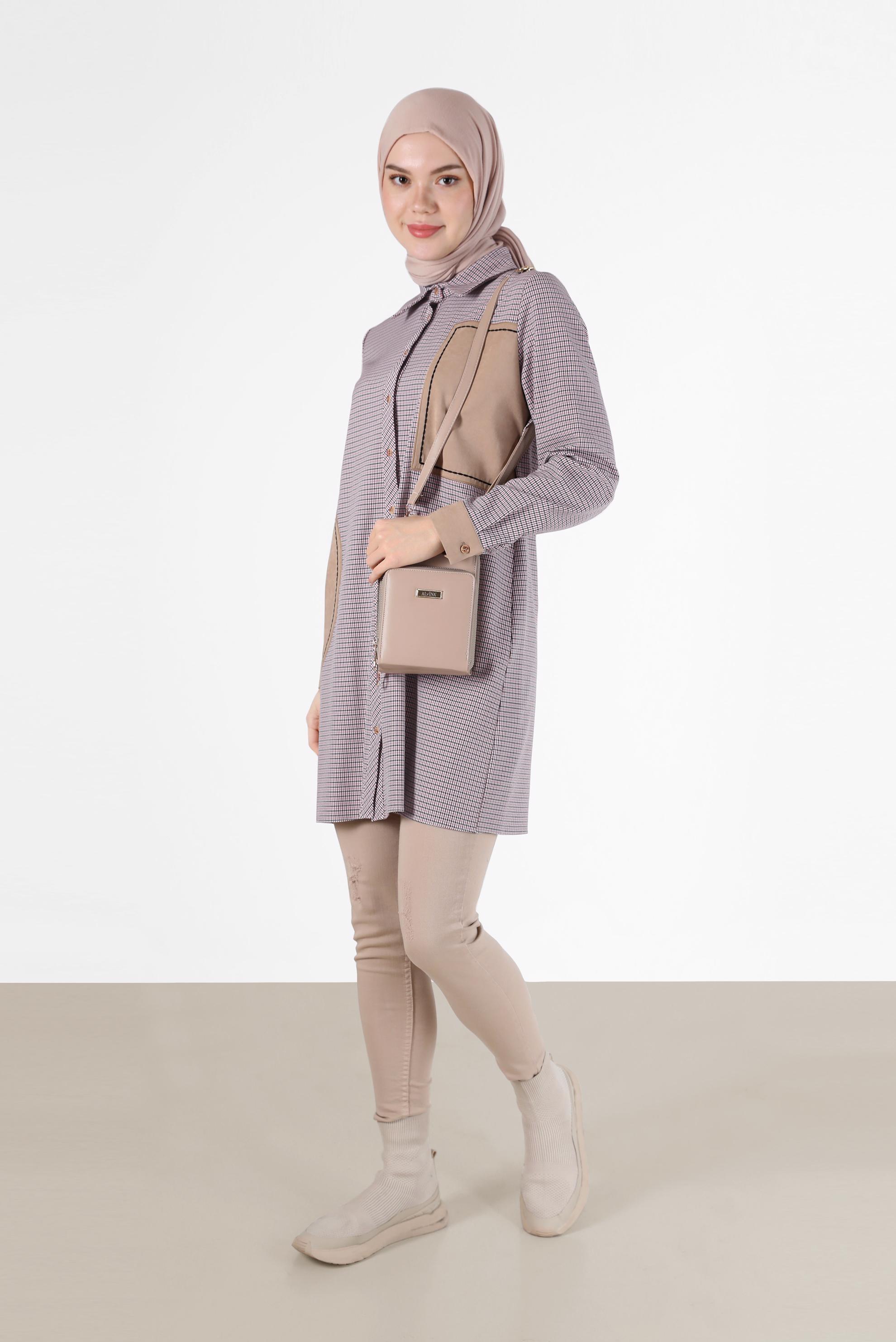 Tesettür giyim PEMBE GEOMETRİK DESEN DETAYLI EKOSE TUNİK 42392 