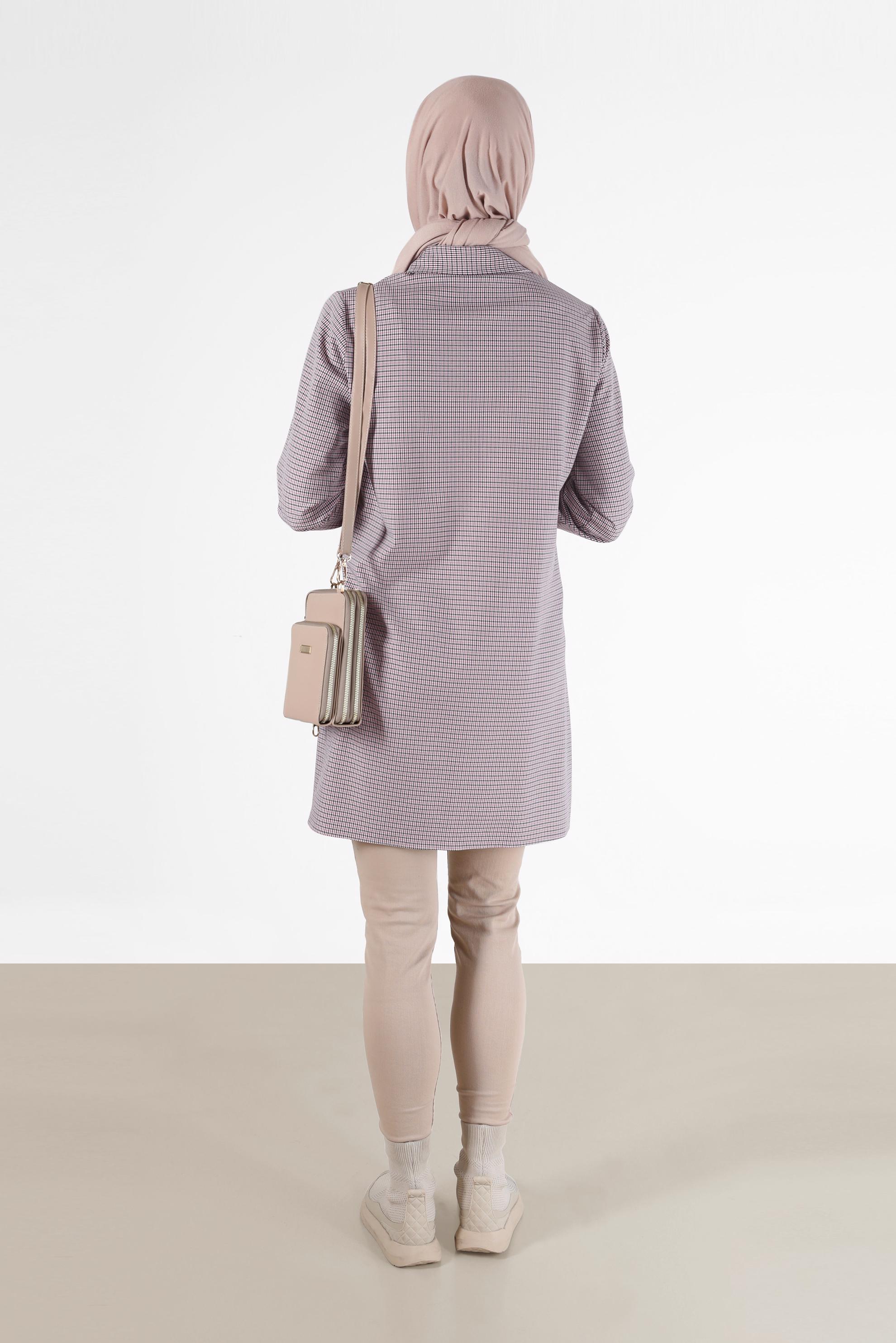 Tesettür giyim PEMBE GEOMETRİK DESEN DETAYLI EKOSE TUNİK 42392 