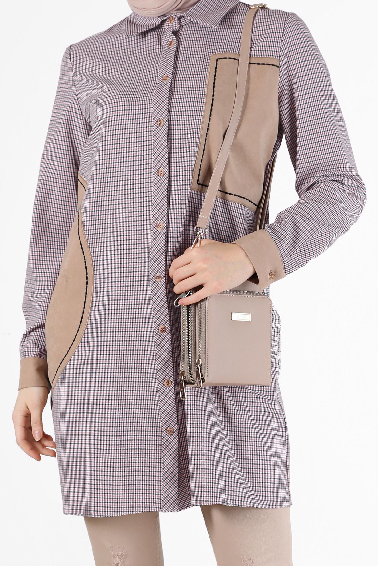 Tesettür giyim PEMBE GEOMETRİK DESEN DETAYLI EKOSE TUNİK 42392 