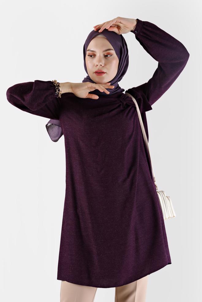 Tesettür giyim MOR KURDELE DETAYLI ARKADAN FERMUARLI TUNİK 42394  - ALVİNA